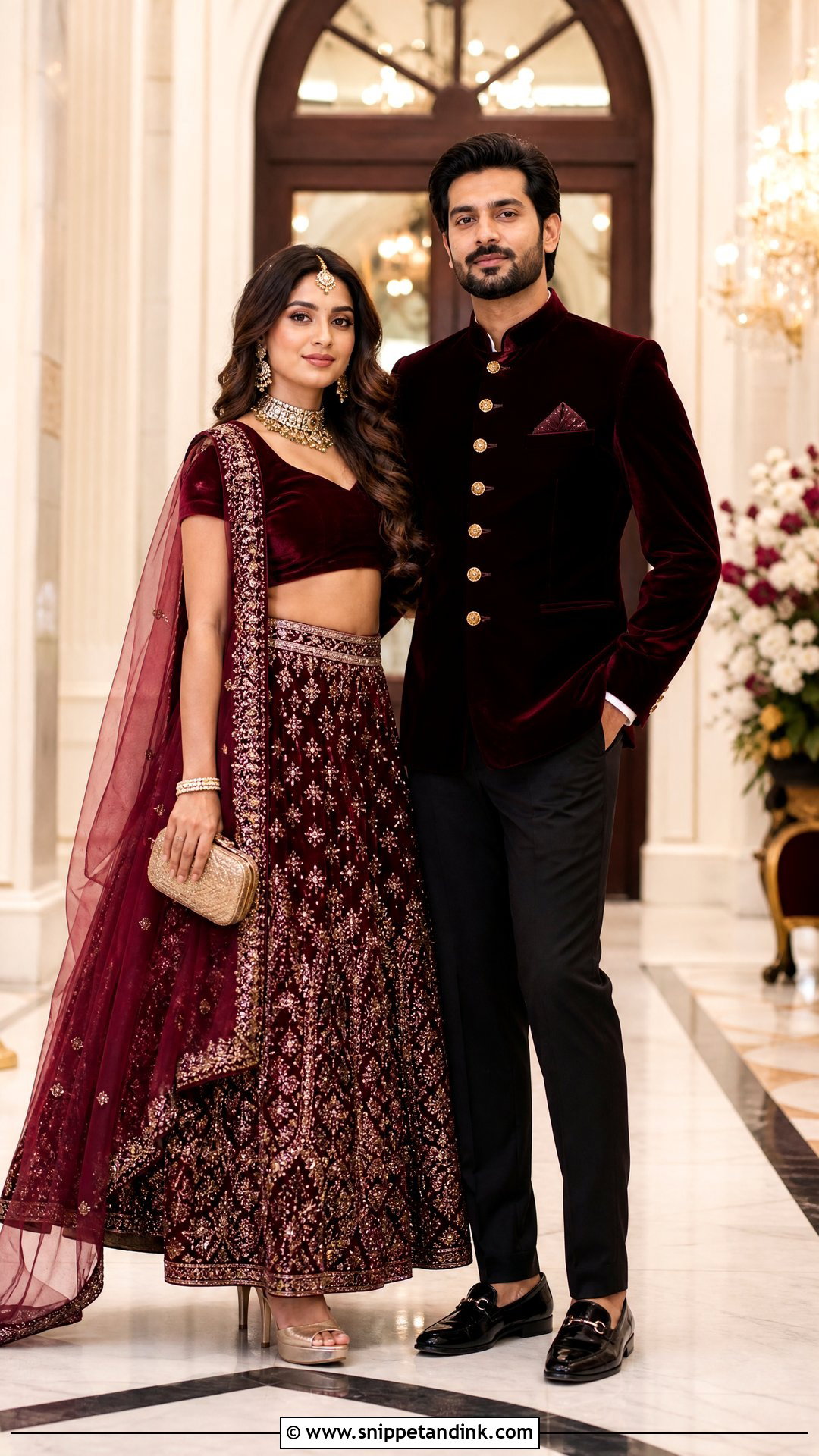 Burgundy Lehenga And Velvet Groom Bandhgala - Snippet and Ink - 25 Indian Wedding Couple Dress Ideas