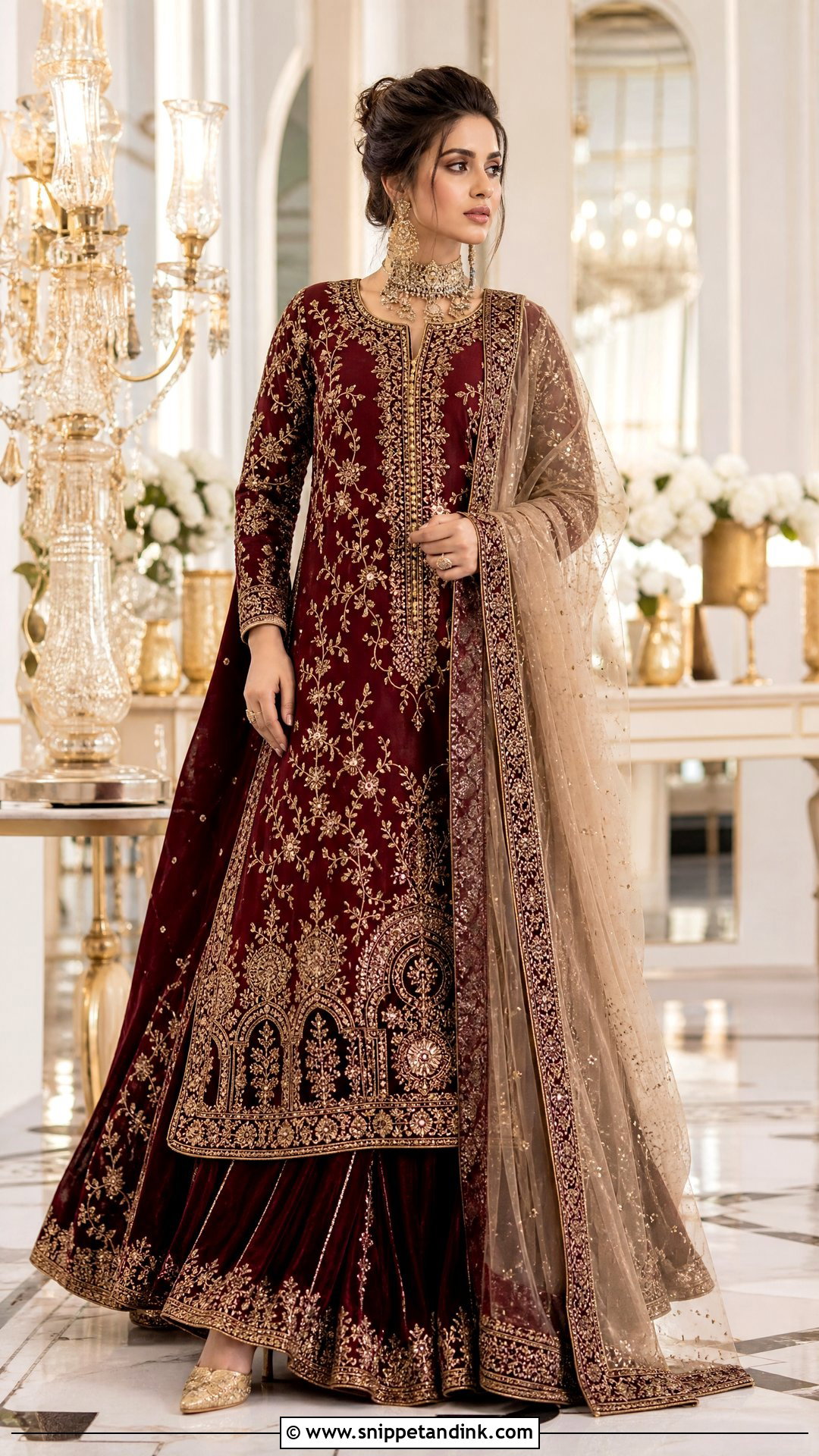 Burgundy Long Shirt With Velvet Lehenga - Snippet and Ink - 25 Pakistani Long Shirt Wedding Dress Ideas