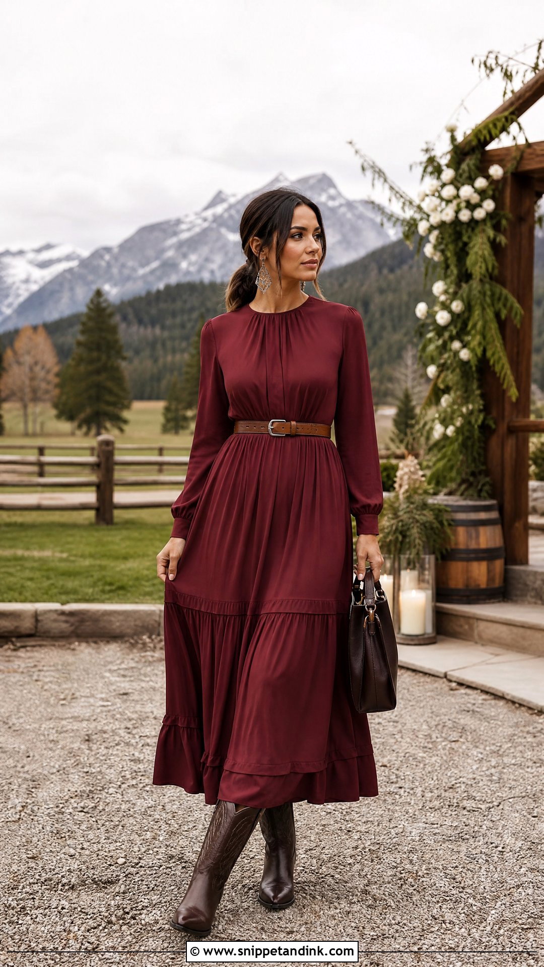 Burgundy Long Sleeve Dress for Western Wedding - Snippet and Ink - 20 Western Dresses for Wedding