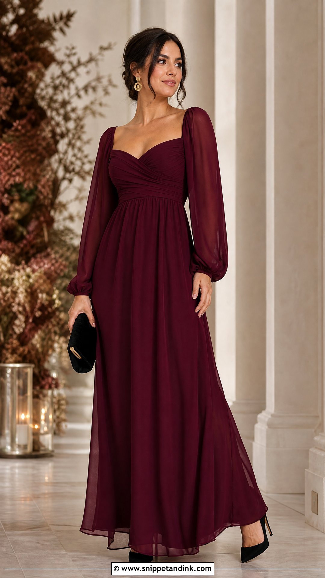 Burgundy Long Sleeve Empire Gown - Snippet and Ink - 20 Empire Gown Ideas