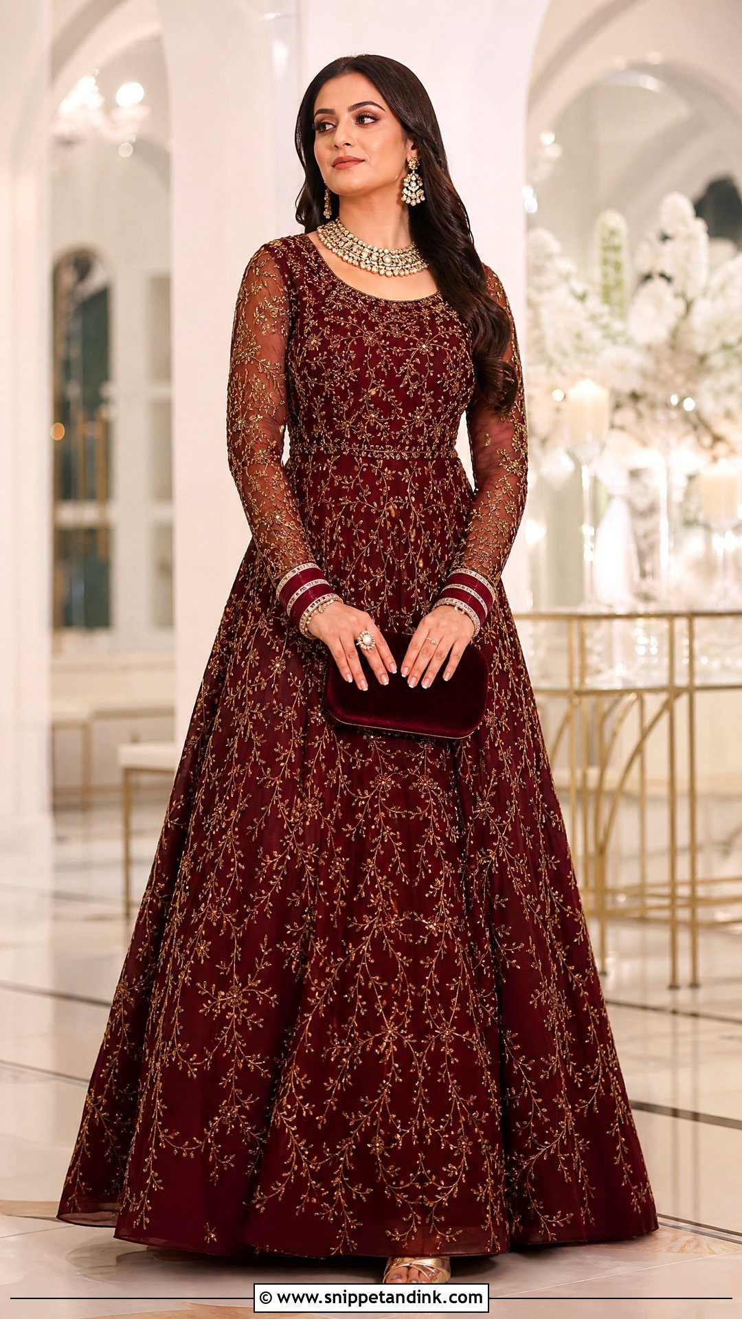 Burgundy Long Sleeve Indian Bridal Gown - Snippet and Ink - 20 Indian Bridal Gowns