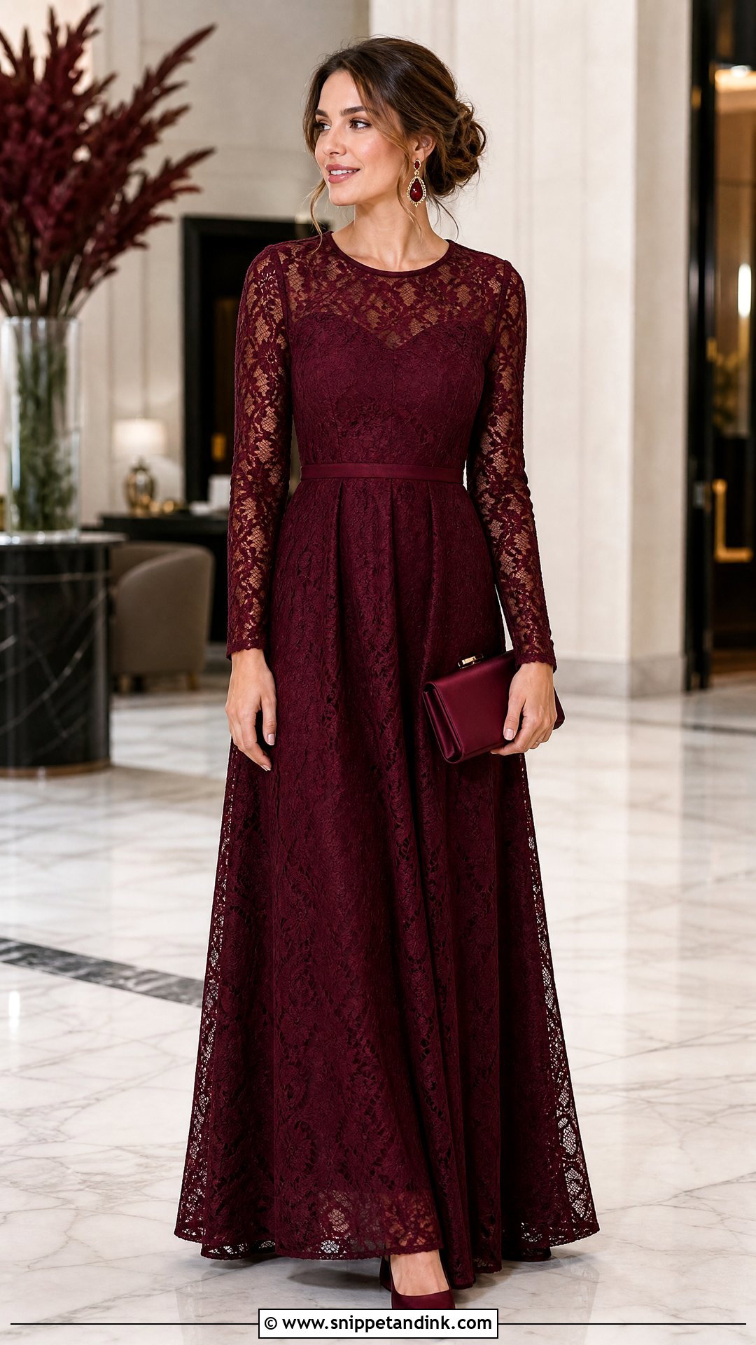 Burgundy Long Sleeve Lace Gown - Snippet and Ink - 20 Regal Dress Gowns