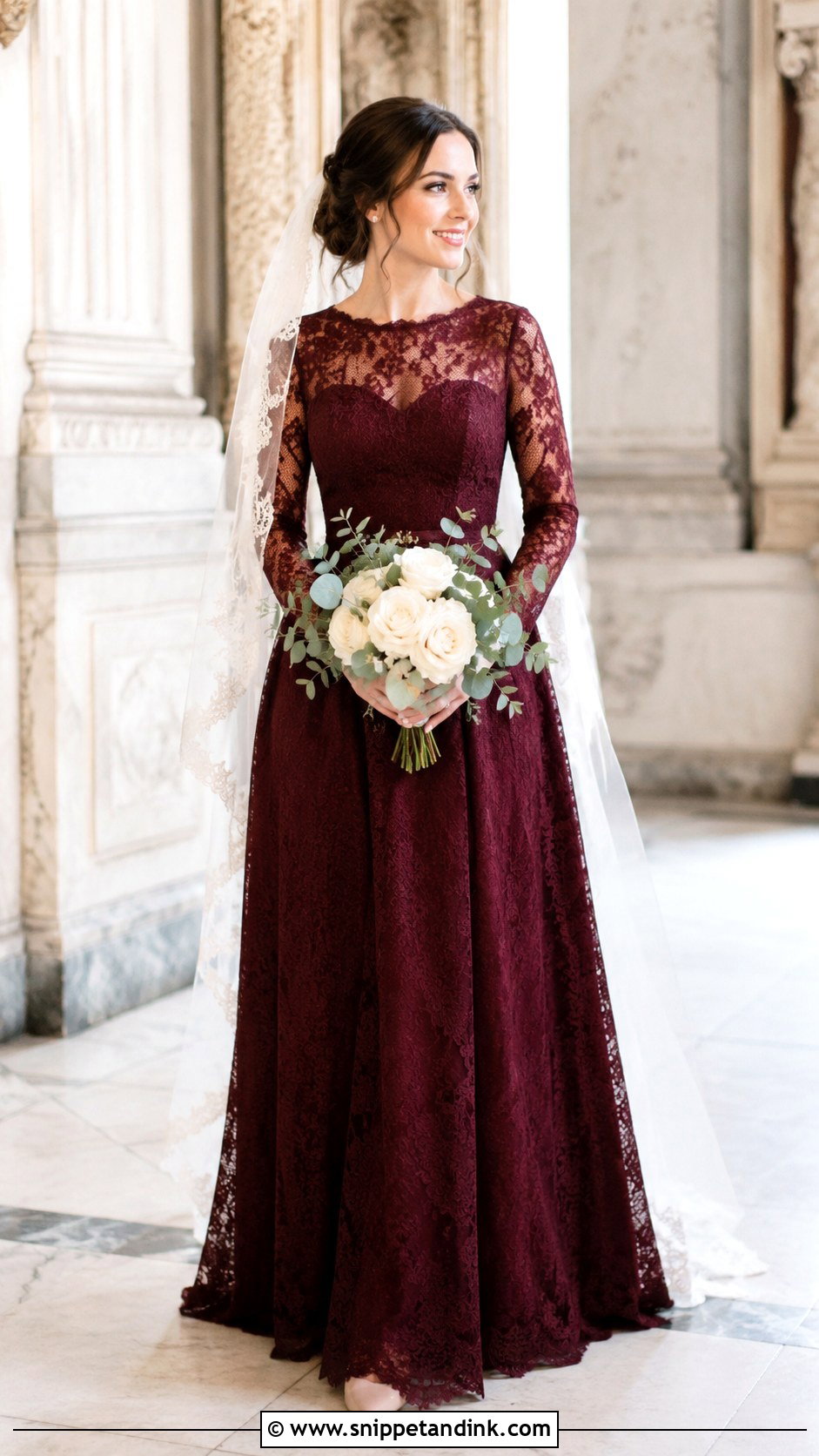 Burgundy Long Sleeve Lace Gown - Snippet and Ink - 20 Burgundy Wedding Gown Ideas