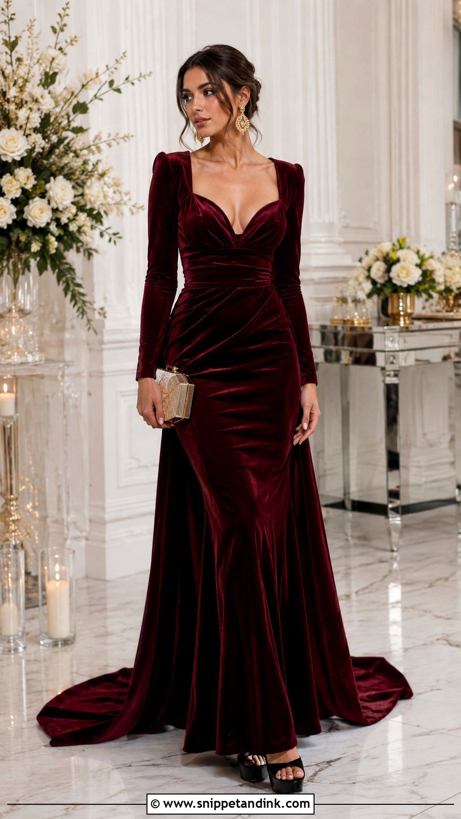Burgundy Long Sleeve Long Tail Gown - Snippet and Ink - 20 Long Tail Gown Ideas