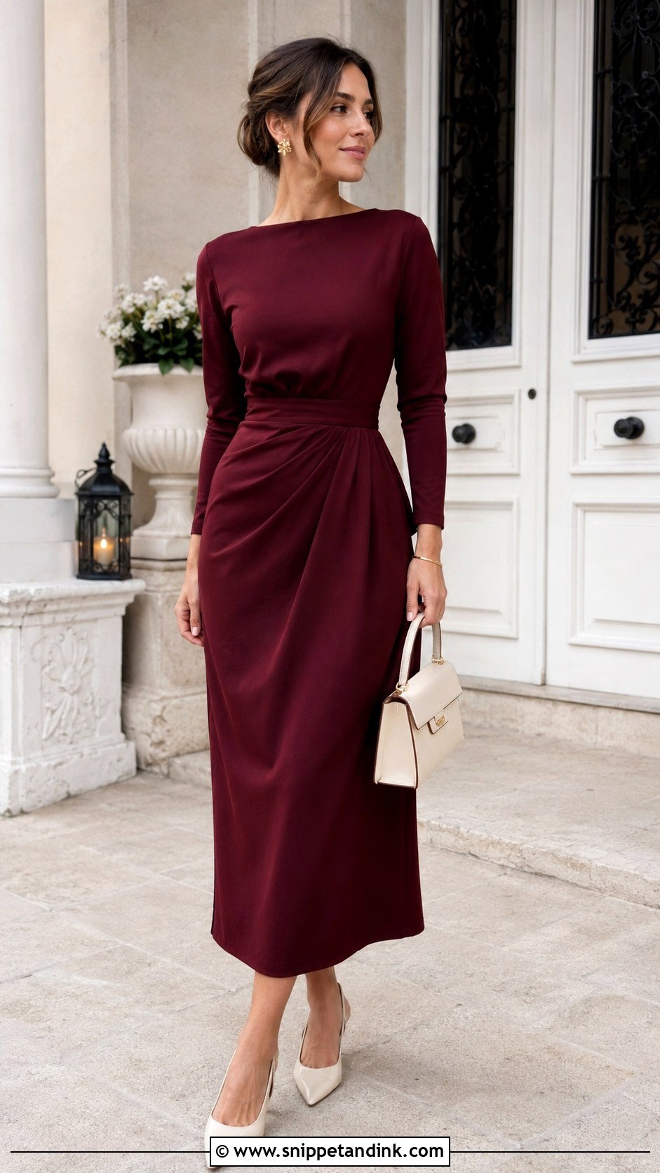 Burgundy Long Sleeve Midi Dress With Slingback Heels - Snippet and Ink - 20 Burgundy Dress Wedding Outfit Ideas