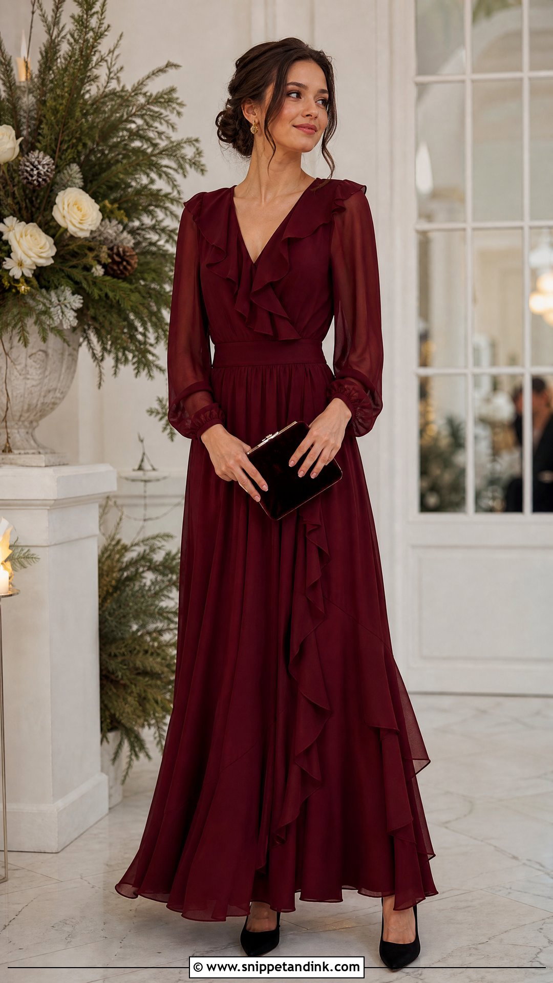 Burgundy Long Sleeve Ruffled Gown - Snippet and Ink - 20 Ruffled Gown Ideas