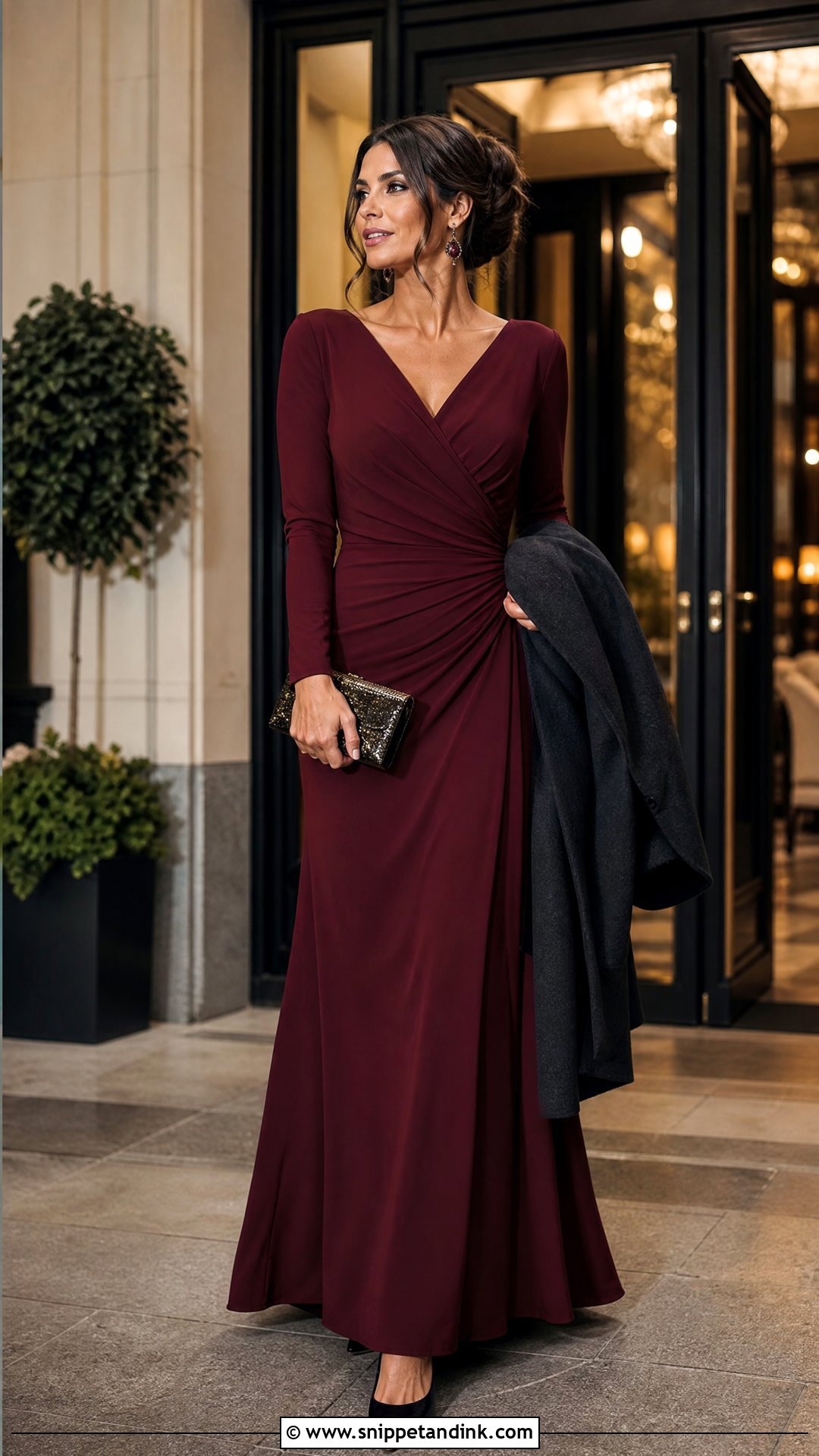 Burgundy Long Sleeve Wedding Sponsor Gown - Snippet and Ink - 20 Wedding Sponsors Outfit Ideas