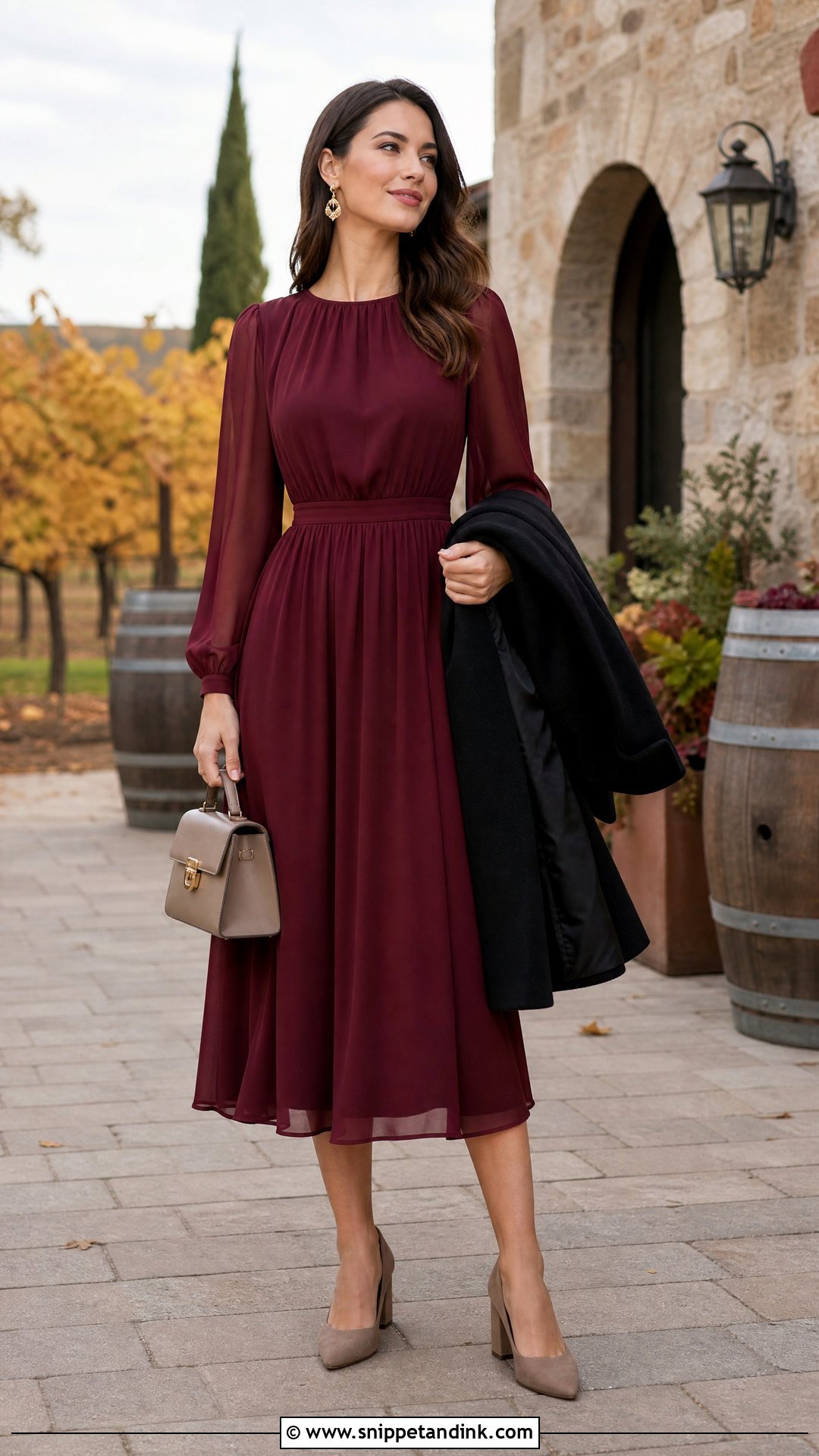 Burgundy Long Sleeve Winery Wedding Dress - Snippet and Ink - 20 Winery Wedding Dress Ideas