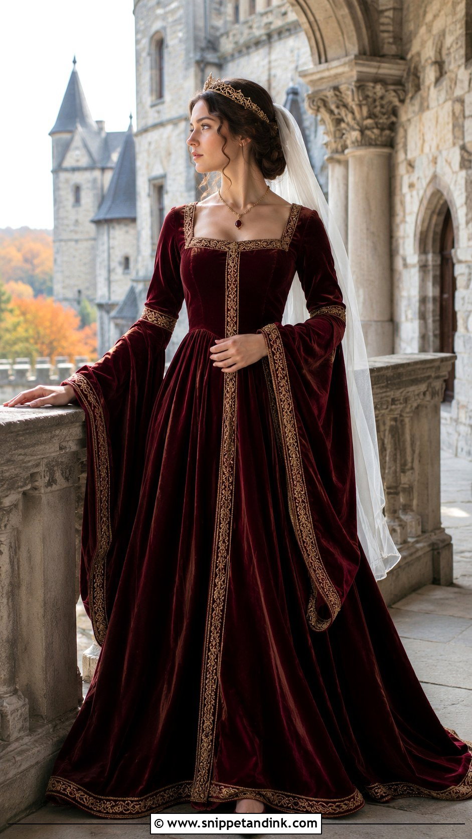 Burgundy Medieval Wedding Dress With Gold Trim - Snippet and Ink - 20 Medieval Style Wedding Dress Ideas