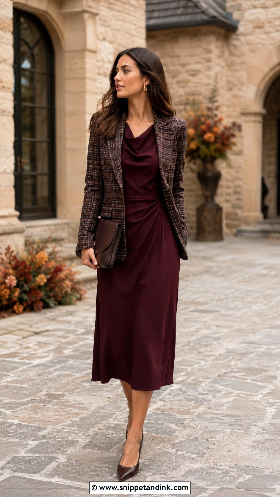 Burgundy Midi Dress and Plaid Blazer Wedding Outfit - Snippet and Ink - 20 Dress and Blazer Outfit Wedding Ideas