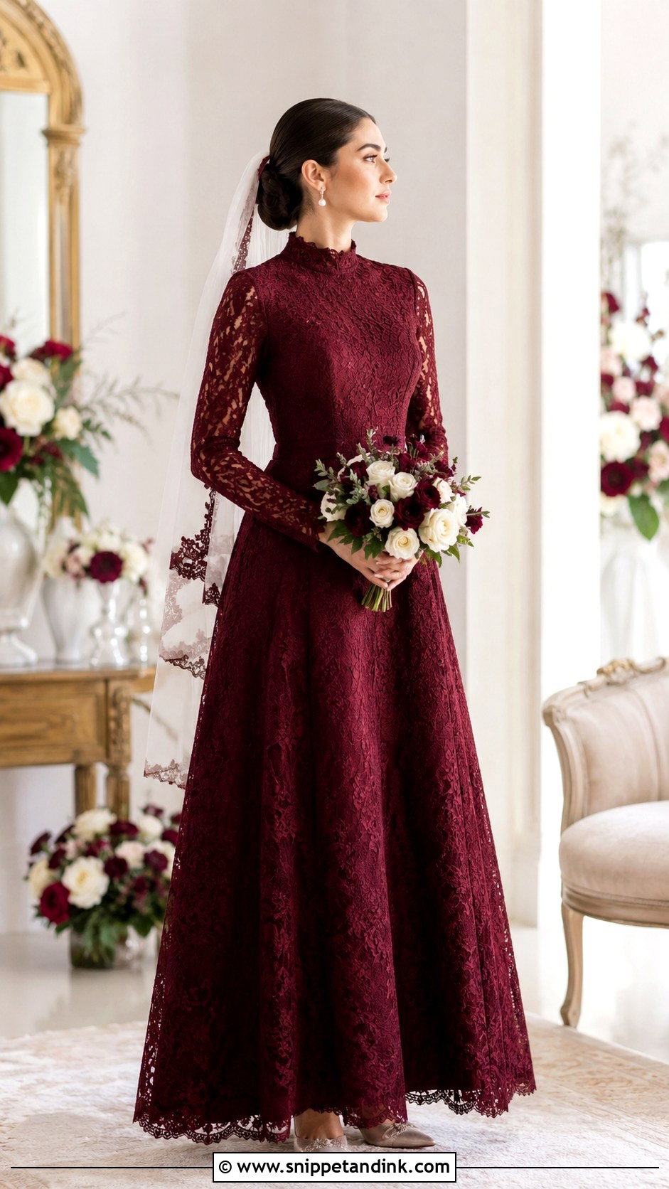 Burgundy Modest High Neck Lace Gown - Snippet and Ink - 20 Burgundy Wedding Gown Ideas