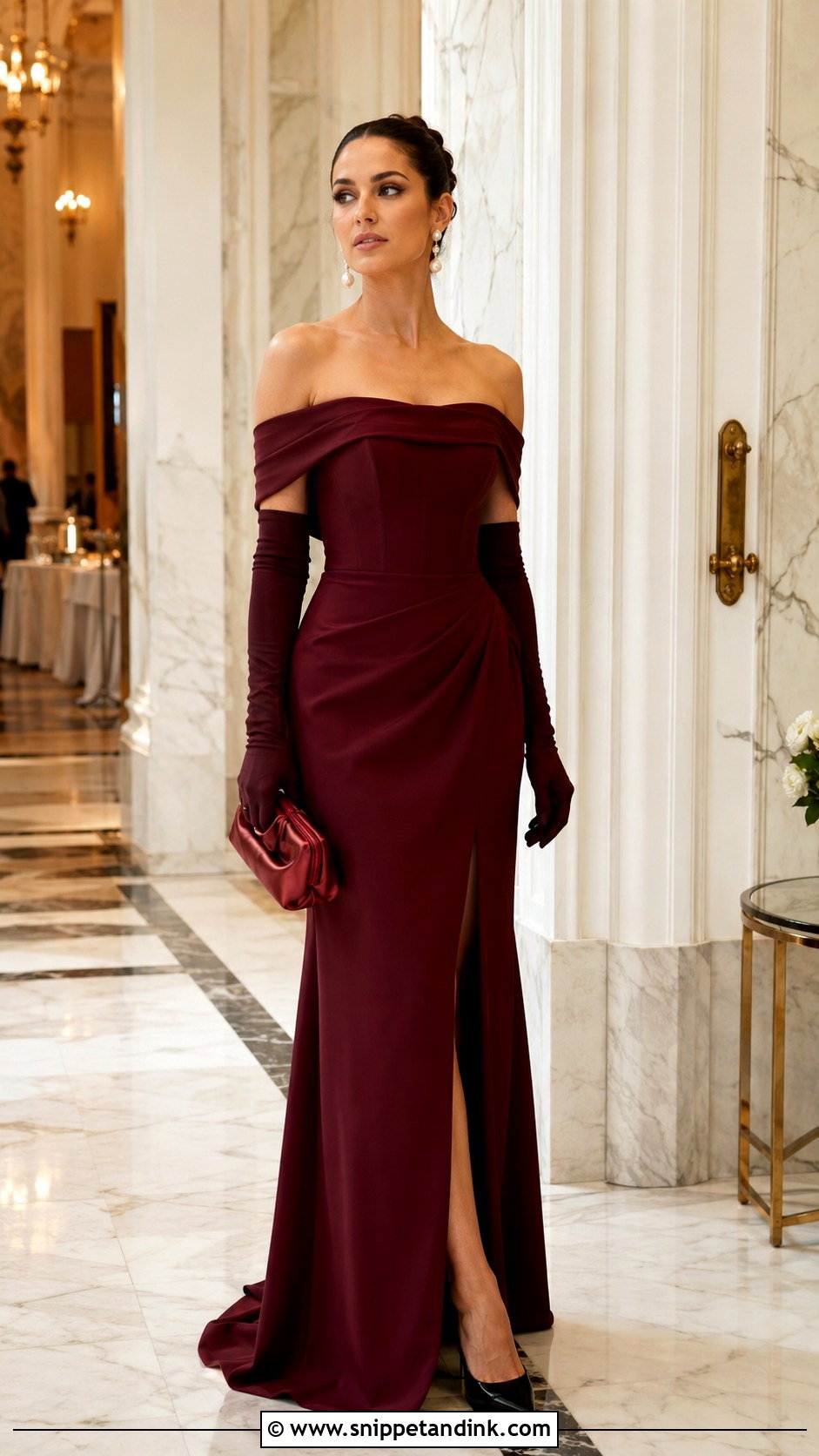 Burgundy Off Shoulder Gown Outfit - Snippet and Ink - 25 White Tie Wedding Ideas