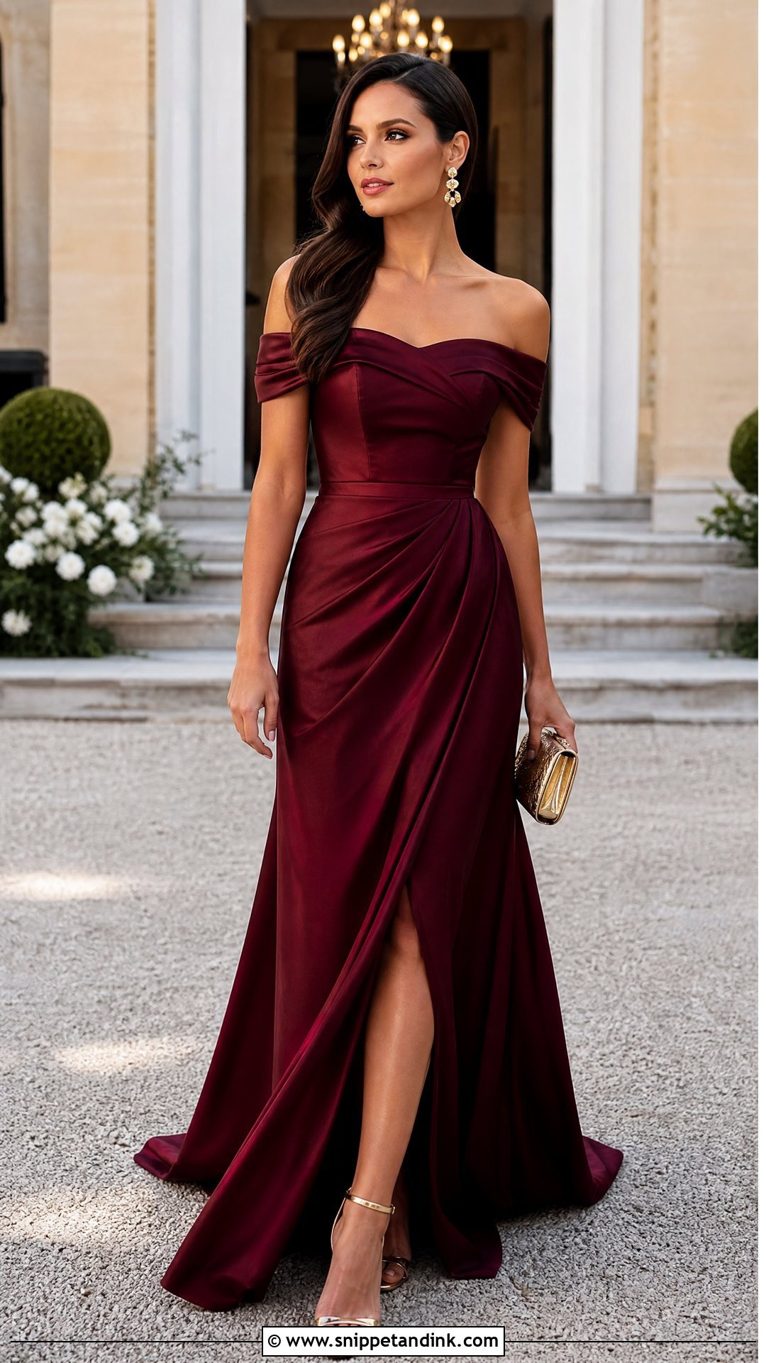 Burgundy Off Shoulder Gown With Gold Heels - Snippet and Ink - 20 Wedding Event Dresses