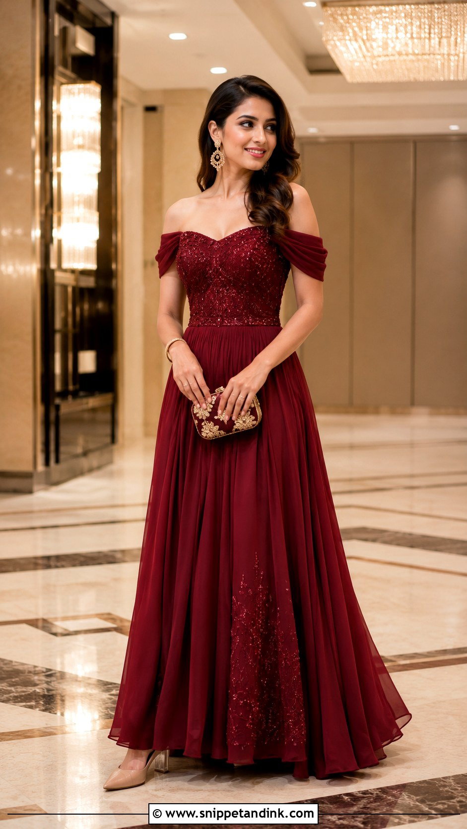 Burgundy Off Shoulder Gown for Sangeet Function - Snippet and Ink - 20 Gown for Sangeet Function Ideas