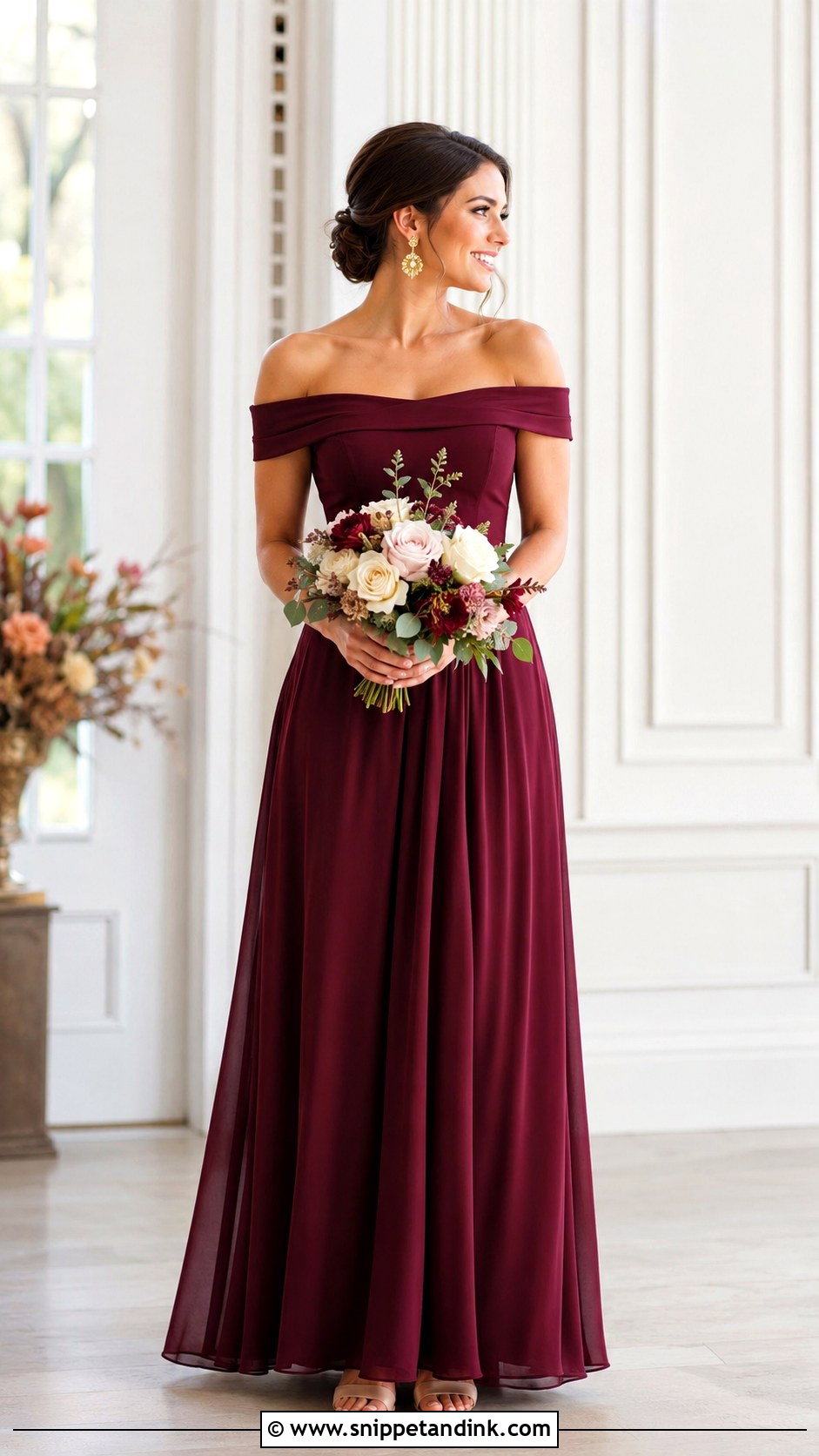 Burgundy Off the Shoulder Bridesmaid Dress - Snippet and Ink - 20 Bride's Maid Dress Ideas