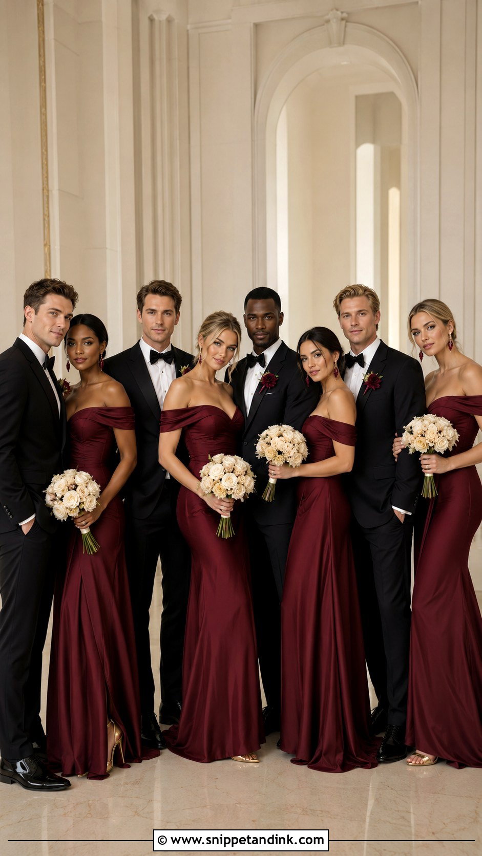Burgundy Off the Shoulder Gown Black Tie Bridal Party - Snippet and Ink - 20 Black Tie Bridal Party Ideas