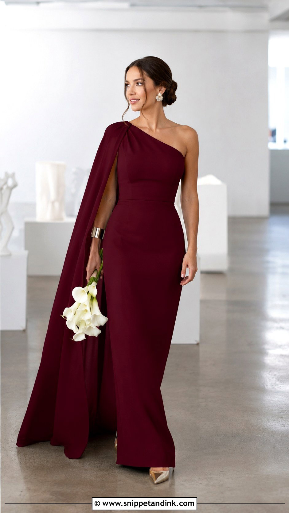Burgundy One Shoulder Crepe Gown - Snippet and Ink - 20 Burgundy Wedding Gown Ideas