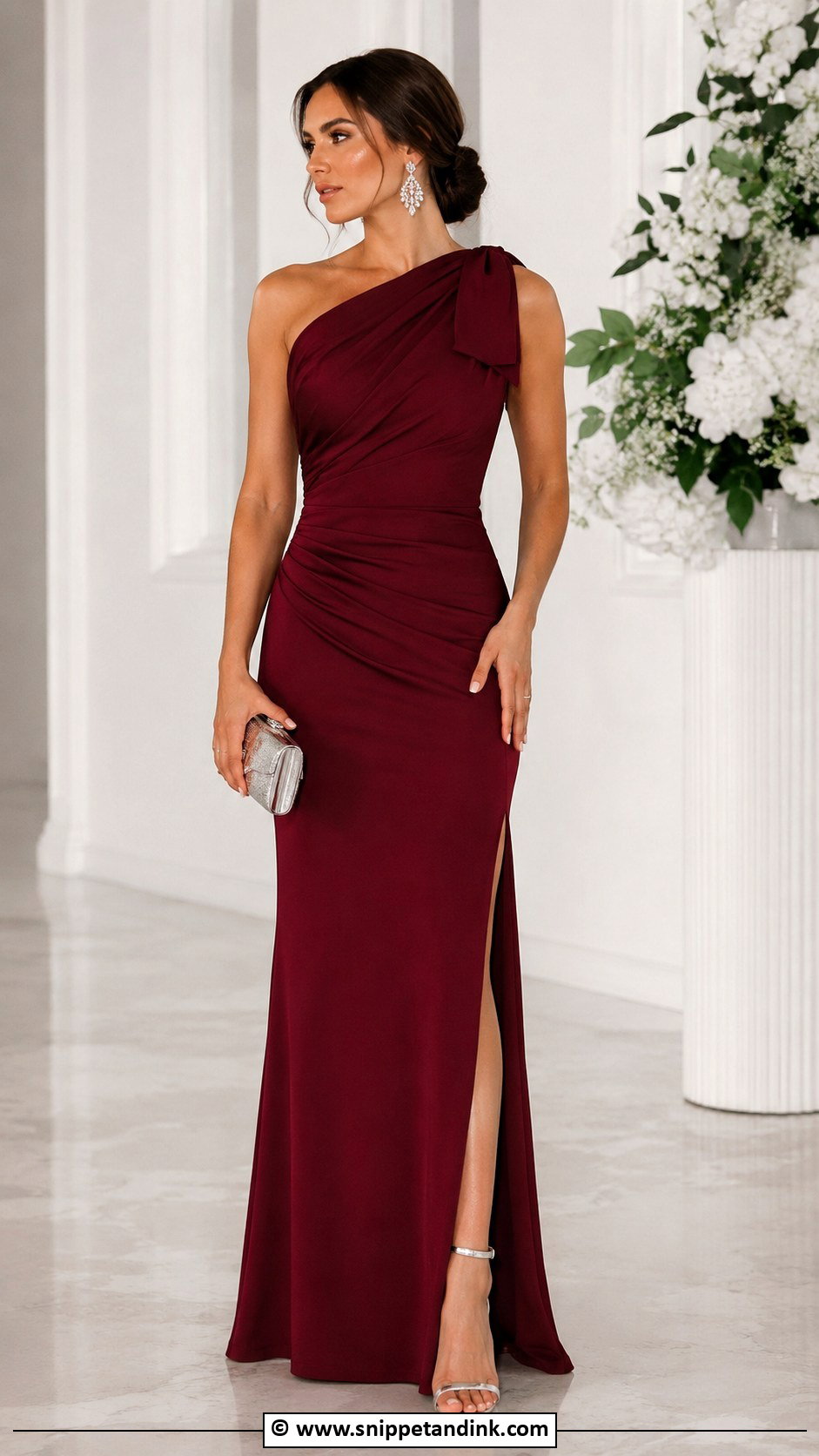 Burgundy One Shoulder Gown With Statement Earrings - Snippet and Ink - 25 Burgundy Gown Ideas
