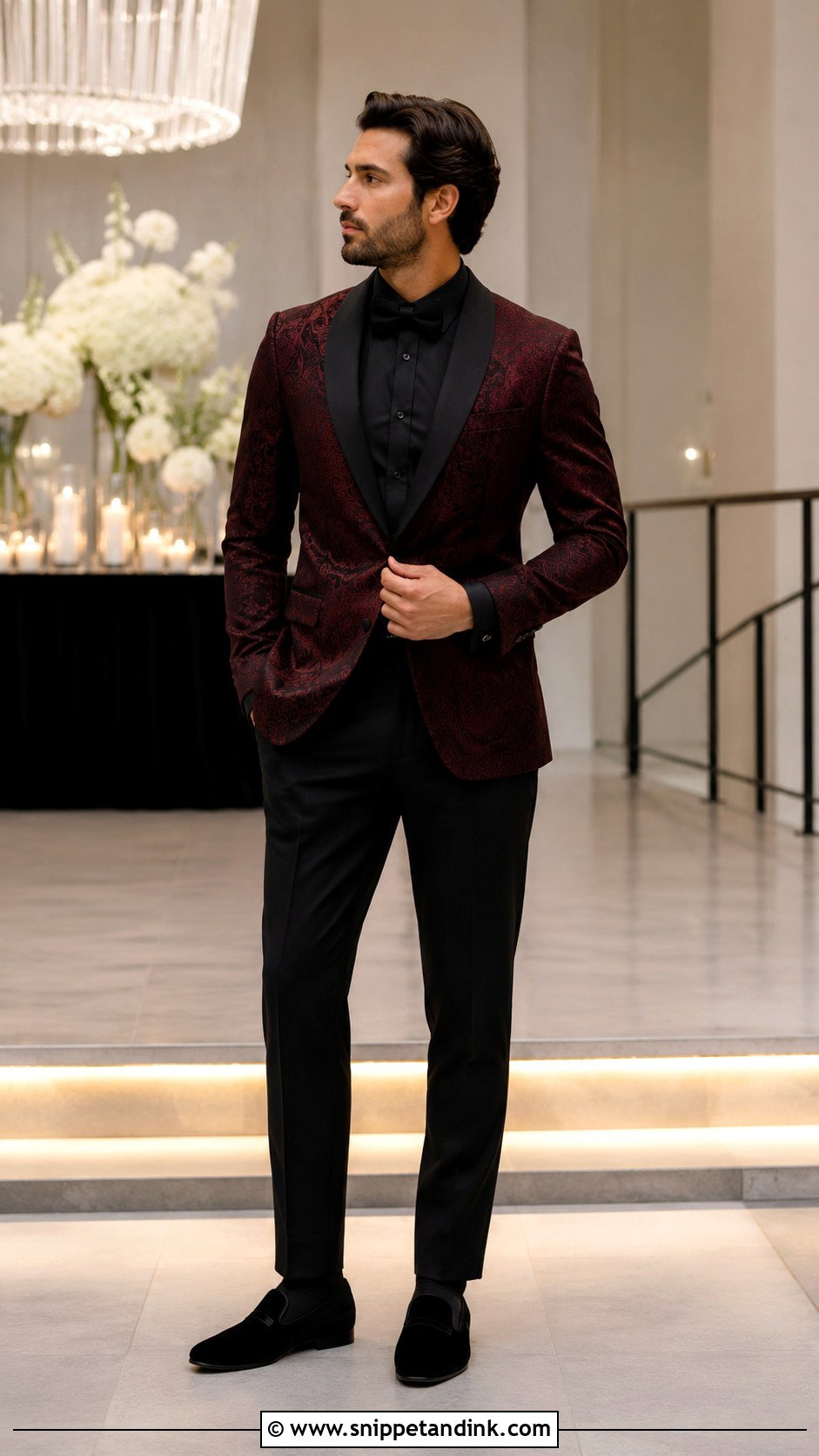 Burgundy Paisley Tuxedo With Black Shirt - Snippet and Ink - 20 Burgundy Tuxedo Wedding Ideas