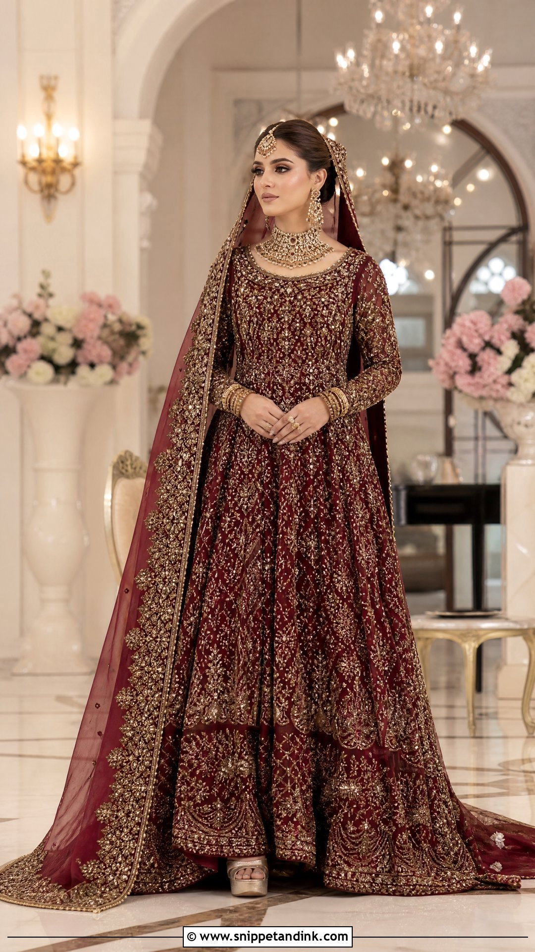 Burgundy Pakistani Barat Bridal Gown With Train - Snippet and Ink - 20 Pakistani Barat Bridal Dress Ideas