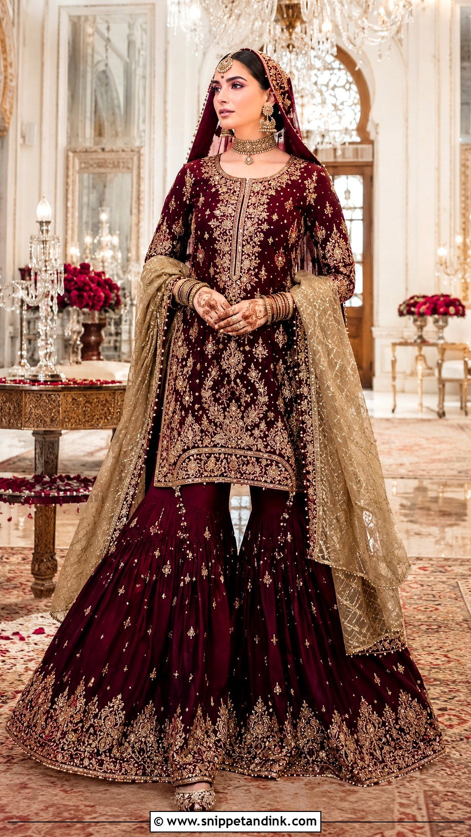Burgundy Pakistani Bridal Farshi Gharara - Snippet and Ink - 20 New Pakistani Bridal Dresses