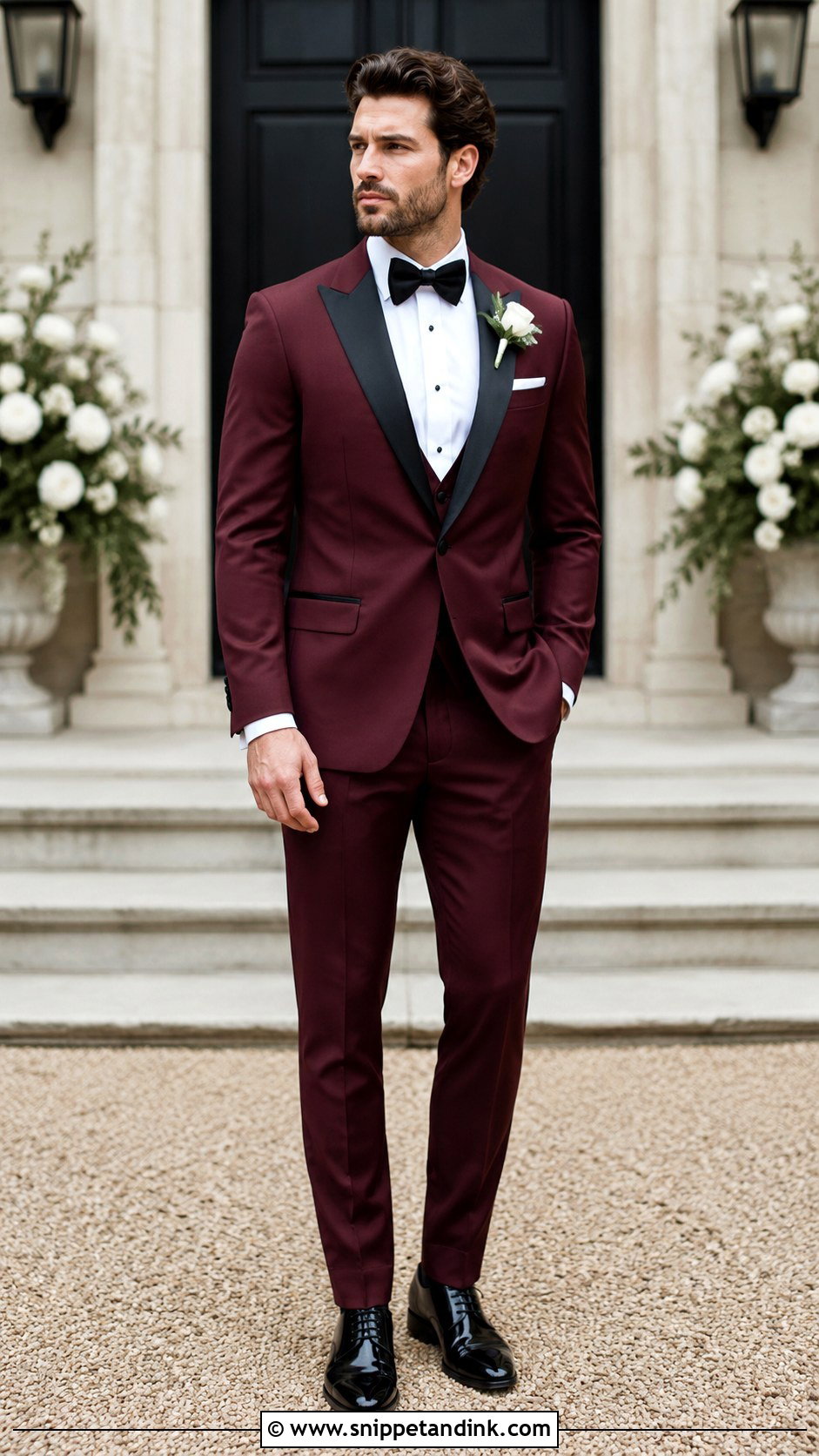 Burgundy Peak Lapel Tuxedo With White Shirt - Snippet and Ink - 20 Burgundy Tuxedo Wedding Ideas