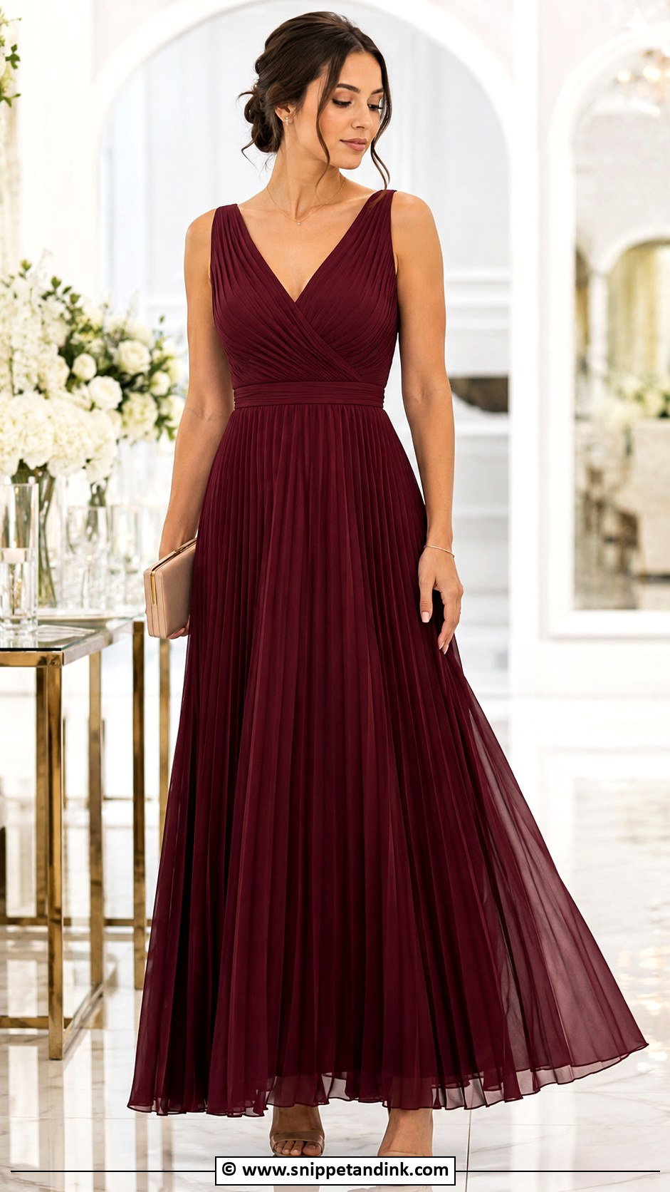 Burgundy Pleated Gown With Dainty Necklace - Snippet and Ink - 25 Burgundy Gown Ideas