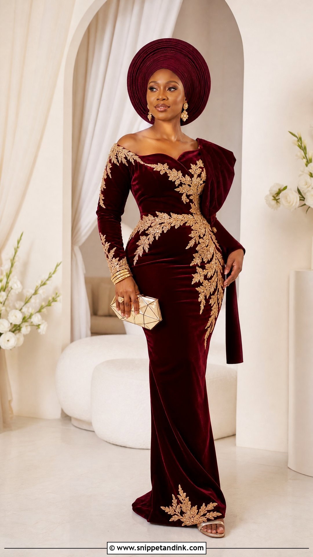 Burgundy Round Bridal Gele With Velvet Dress - Snippet and Ink - 20 Bridal Gele Styles