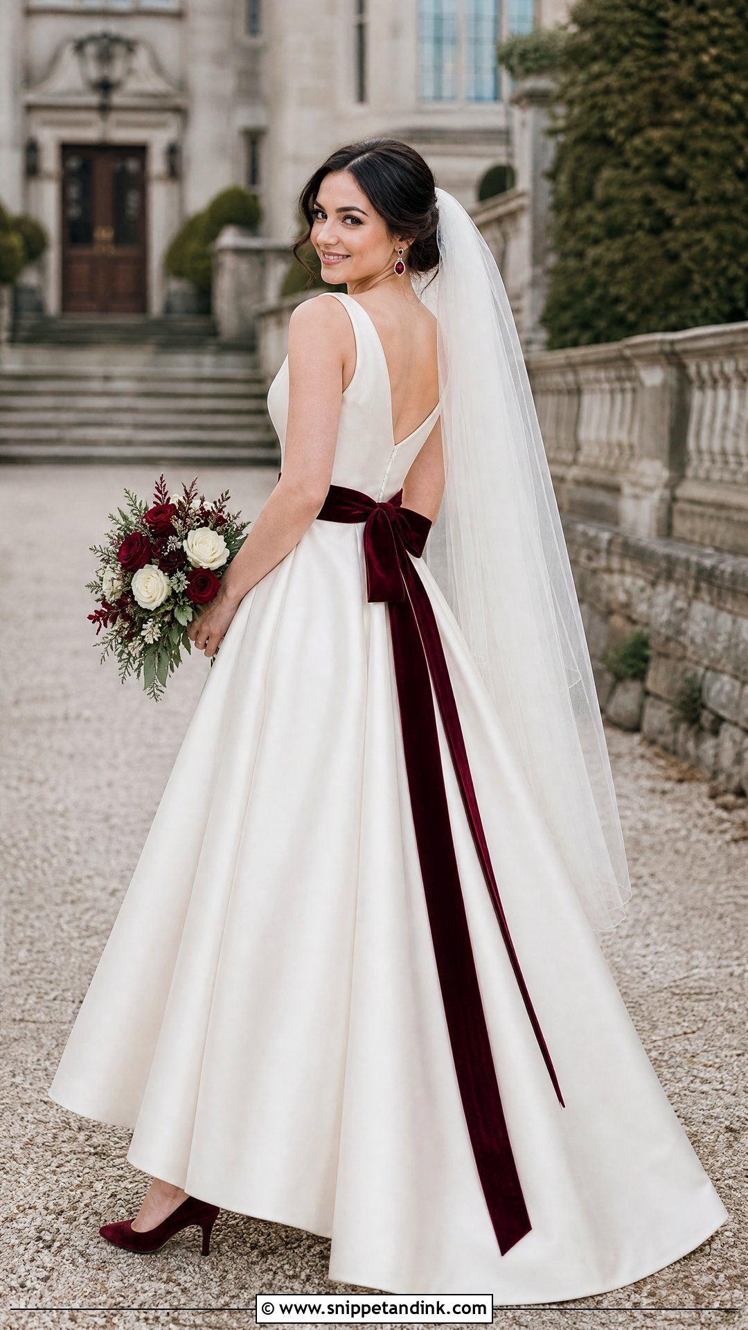 Burgundy Sash Wedding Dress - Snippet and Ink - 20 Pop of Color Wedding Dress Ideas