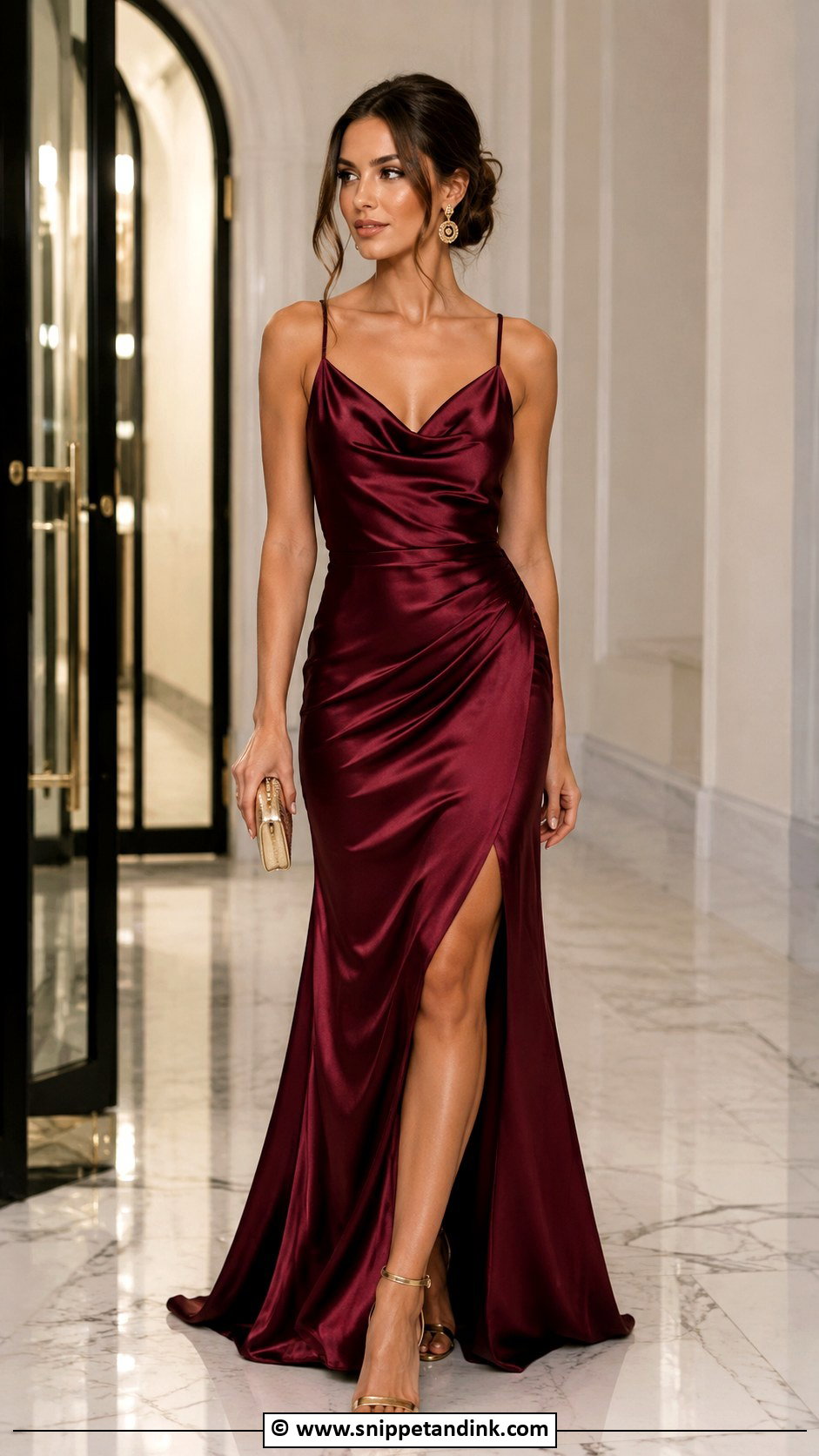 Burgundy Satin Gown With Gold Heels - Snippet and Ink - 25 Burgundy Gown Ideas