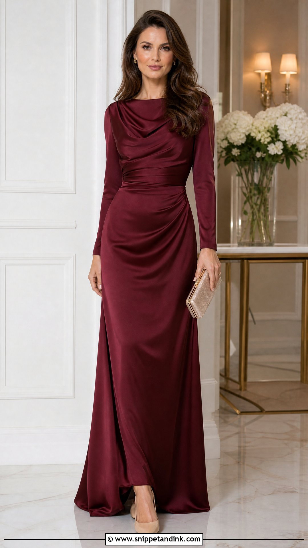 Burgundy Satin Long Gown with Sleeves - Snippet and Ink - 20 Long Gown with Sleeves