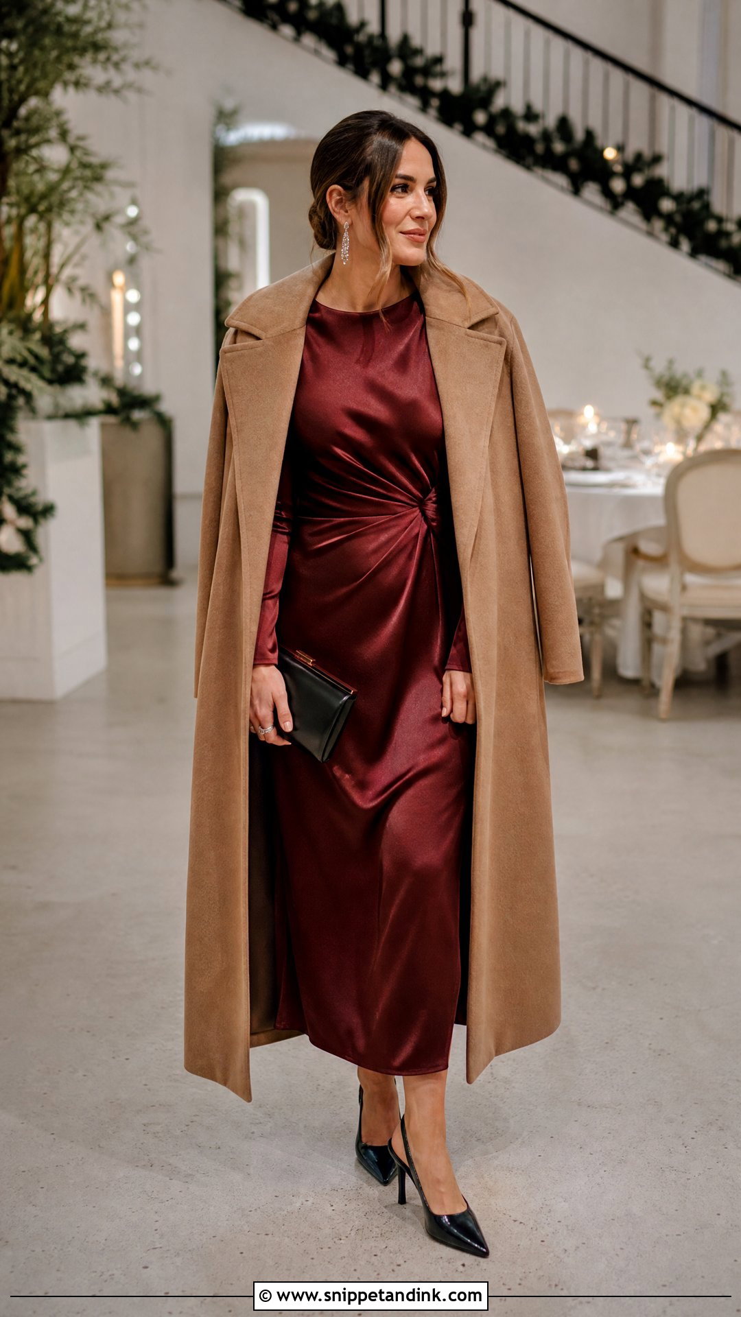 Burgundy Satin Midi Dress Winter Wedding Outfit - Snippet and Ink - 20 Winter Outfit for Wedding Ideas
