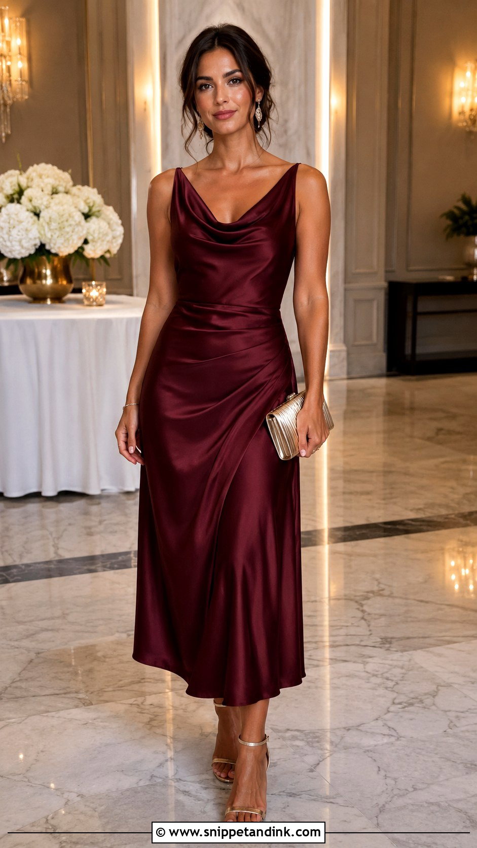 Burgundy Satin Midi Dress With Gold Heels - Snippet and Ink - 20 Burgundy Dress Wedding Outfit Ideas