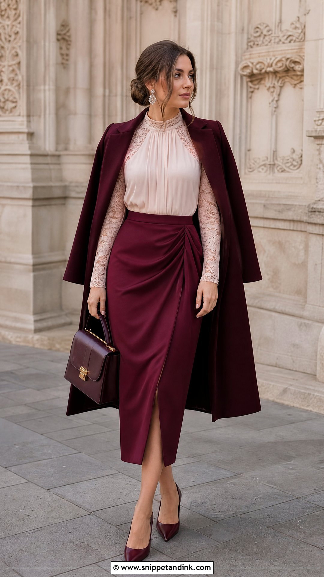 Burgundy Satin Skirt With Lace Sleeve Blouse - Snippet and Ink - 20 Satin Skirt Outfit for Wedding Ideas