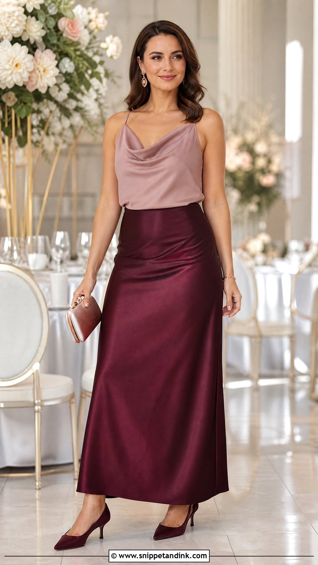 Burgundy Satin Skirt With Soft Pink Cowl Top - Snippet and Ink - 20 Satin Skirt Wedding Outfit Ideas