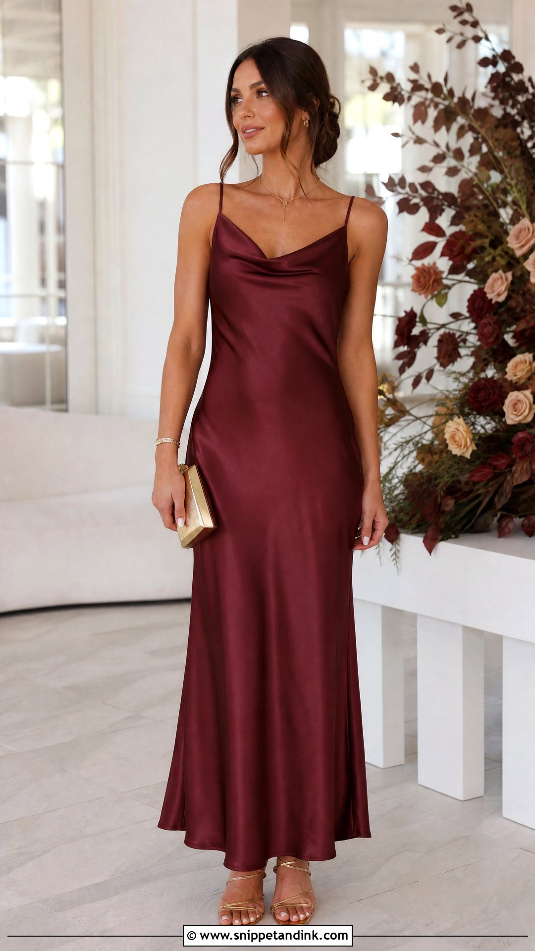 Burgundy Satin Slip Dress Wedding Outfit - Snippet and Ink - 25 Fall Wedding Outfits