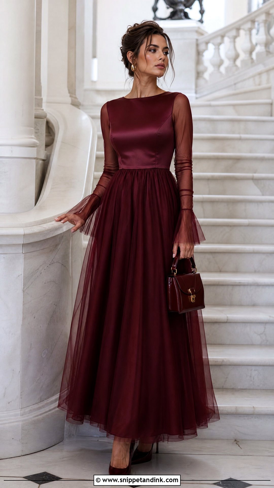 Burgundy Satin and Tulle Long Sleeve Dress - Snippet and Ink - 20 Satin and Tulle Dress Ideas