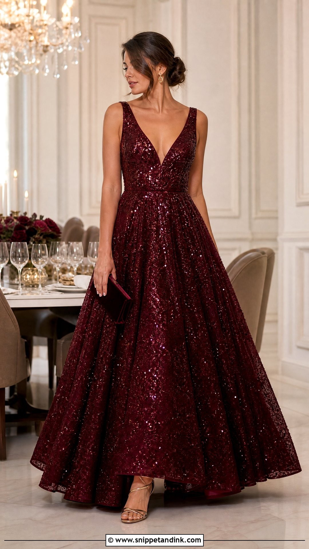 Burgundy Sequin Ball Gown With Velvet Clutch - Snippet and Ink - 20 Sequin Ball Gown Ideas