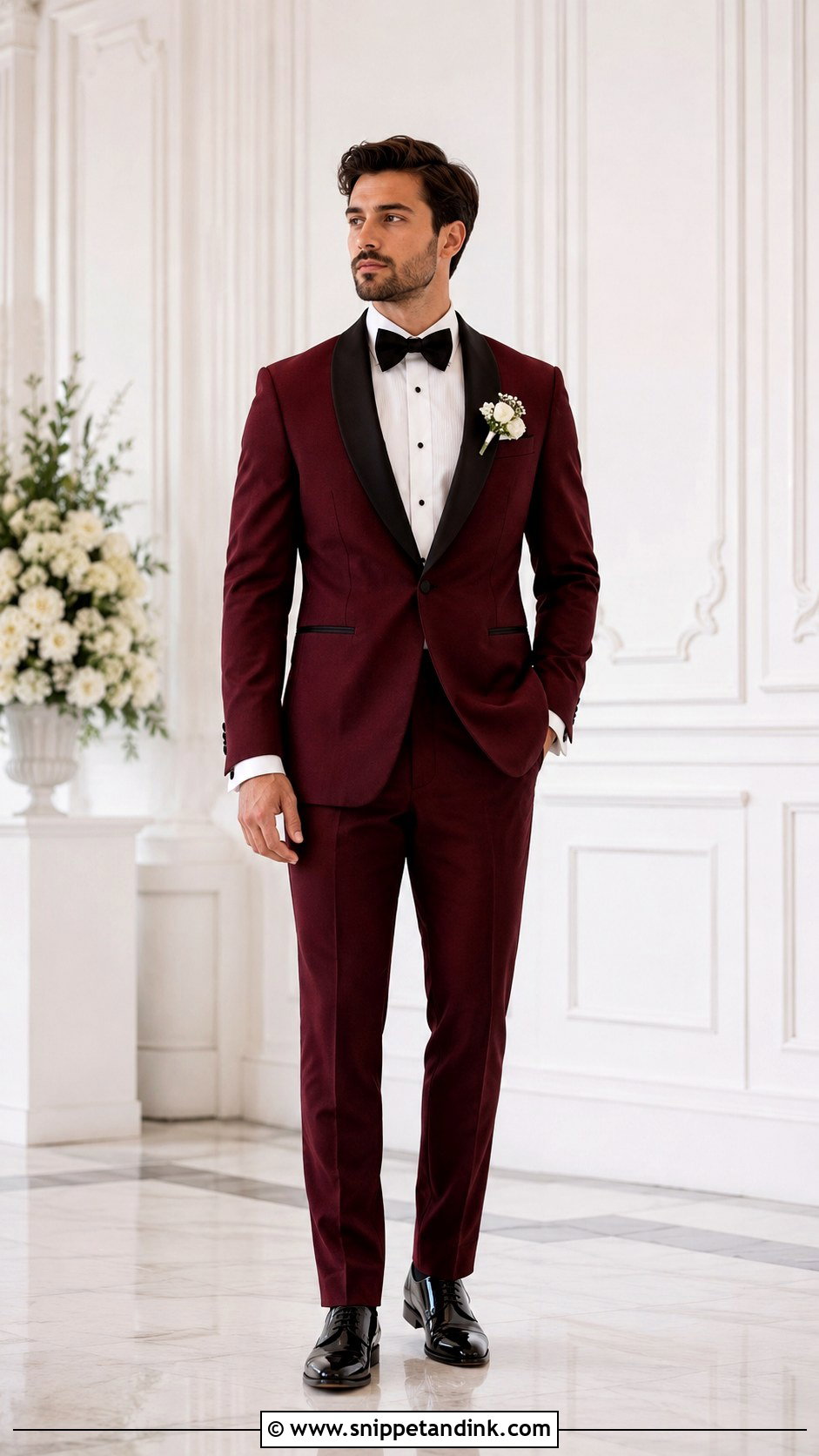 Burgundy Shawl Collar Tuxedo With Patent Shoes - Snippet and Ink - 20 Burgundy Tuxedo Wedding Ideas
