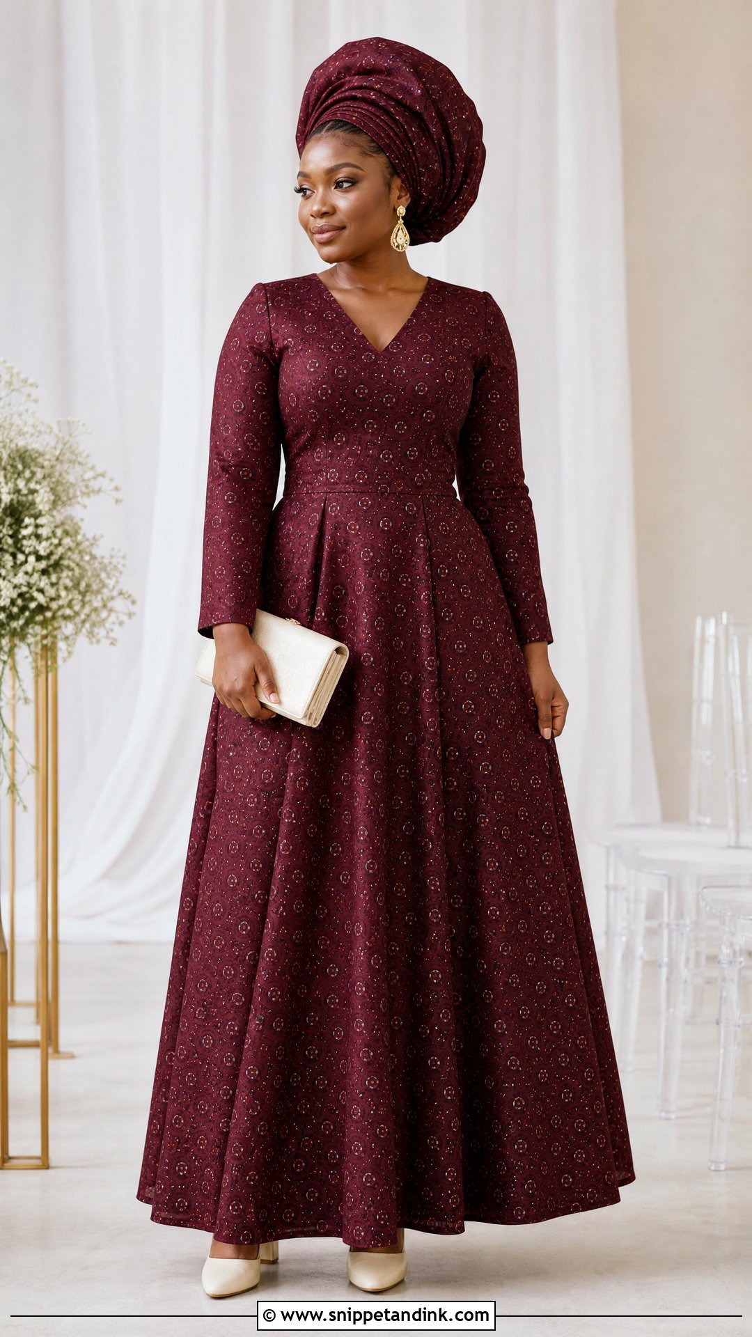 Burgundy Shweshwe Long Sleeve Wedding Dress - Snippet and Ink - 20 Shweshwe Dresses South Africa Traditional Weddings