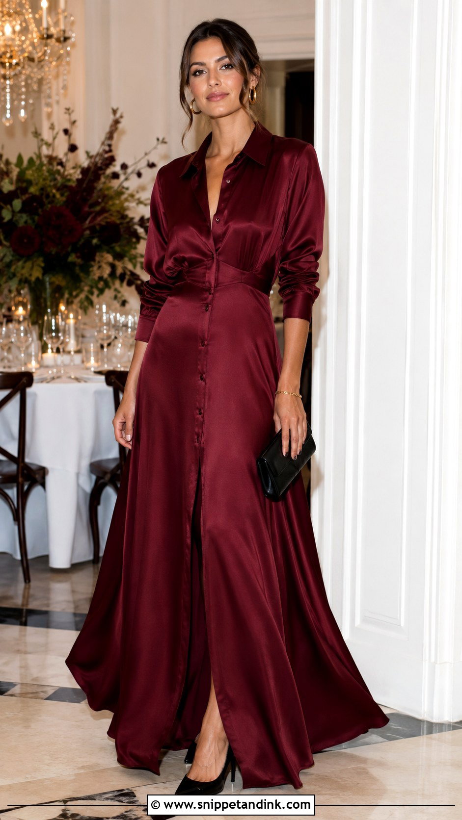 Burgundy Silk Long Shirt Dress With Black Accessories - Snippet and Ink - 20 Long Shirt Dress for Wedding Ideas