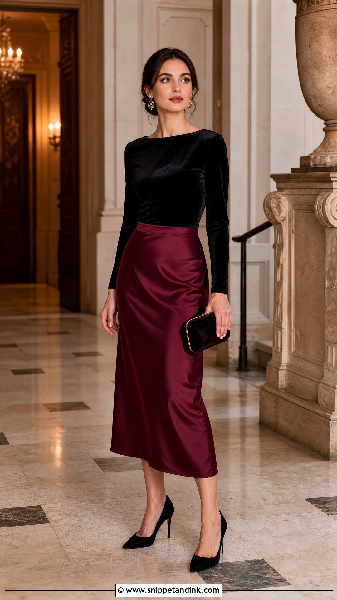 Burgundy Silk Skirt With Velvet Top - Snippet and Ink - 20 Silk Skirt Wedding Outfit Ideas