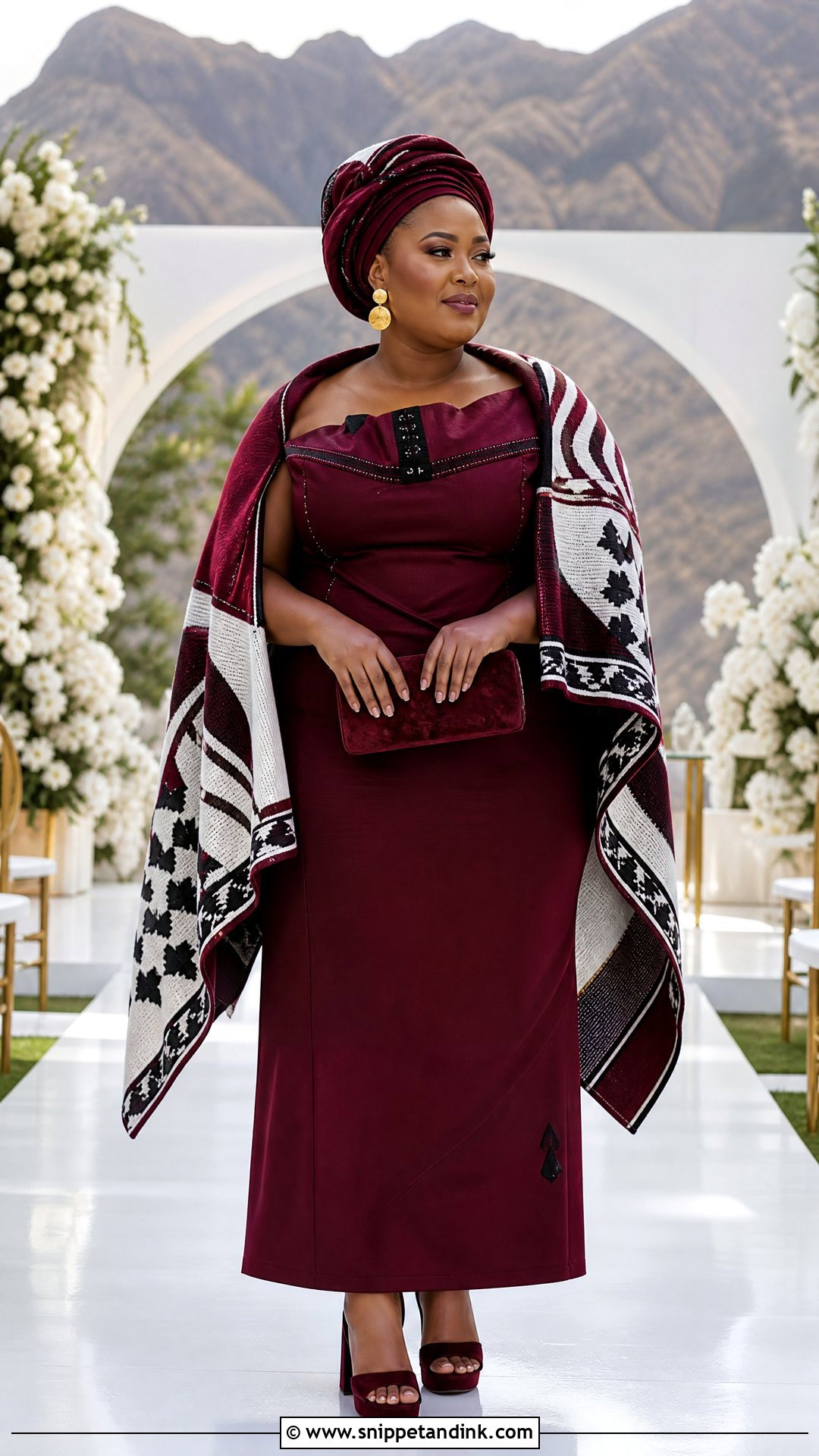 Burgundy Sotho Wedding Dress With Basotho Blanket Cape - Snippet and Ink - 20 Sotho Wedding Dress Ideas
