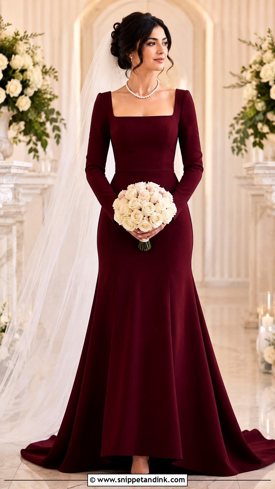 Burgundy Square Neck Long Sleeve Gown - Snippet and Ink - 20 Burgundy Wedding Gown Ideas