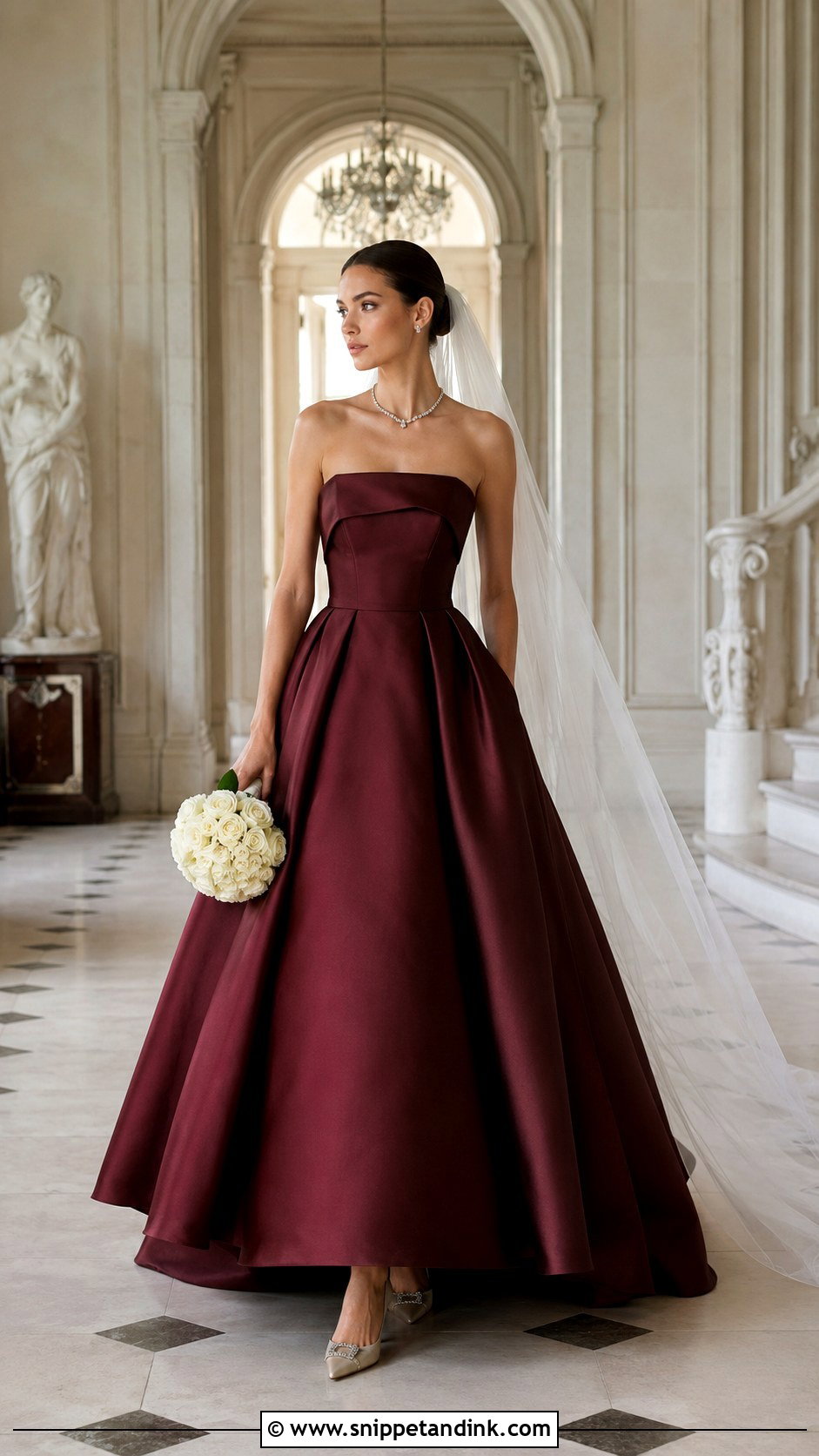 Burgundy Strapless Mikado Gown - Snippet and Ink - 20 Burgundy Wedding Gown Ideas