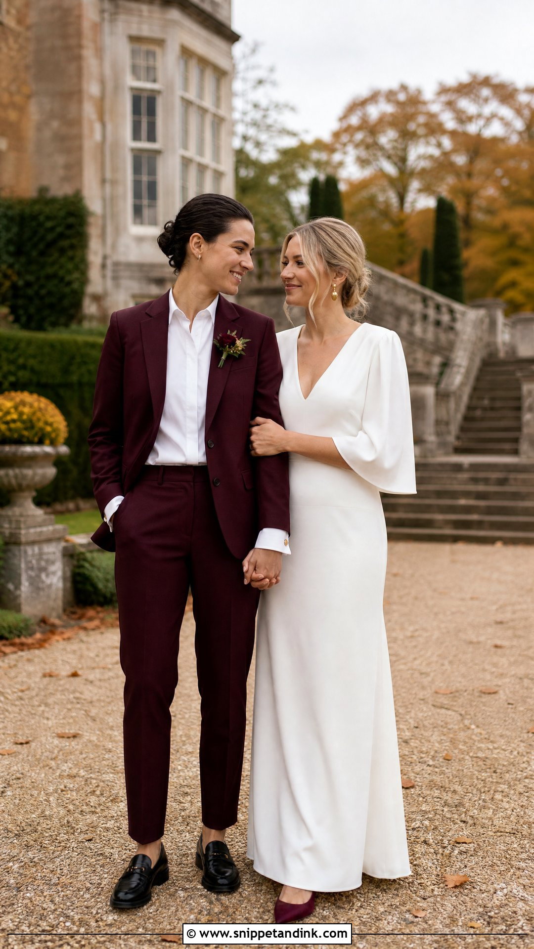 Burgundy Suit And Ivory Wedding Dress - Snippet and Ink - 20 WLW Wedding Suit and Dress Ideas