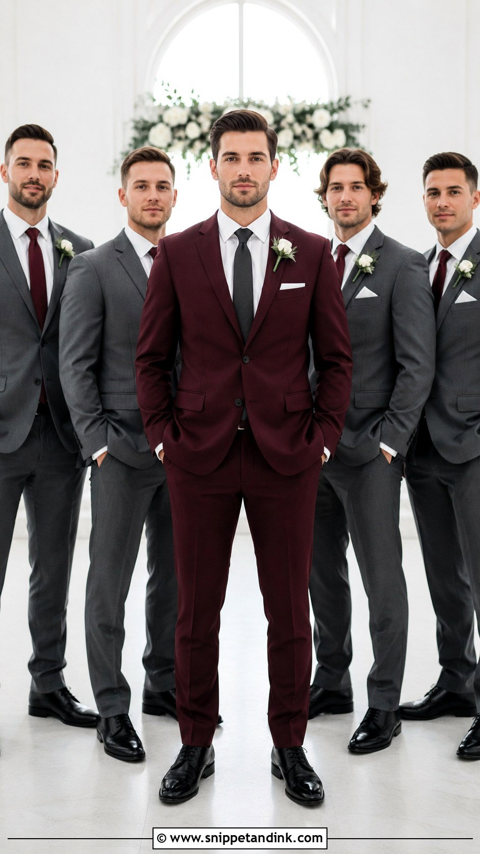 Burgundy Suit For Groom With Gray Groomsmen - Snippet and Ink - 25 Burgundy Suit Wedding Ideas