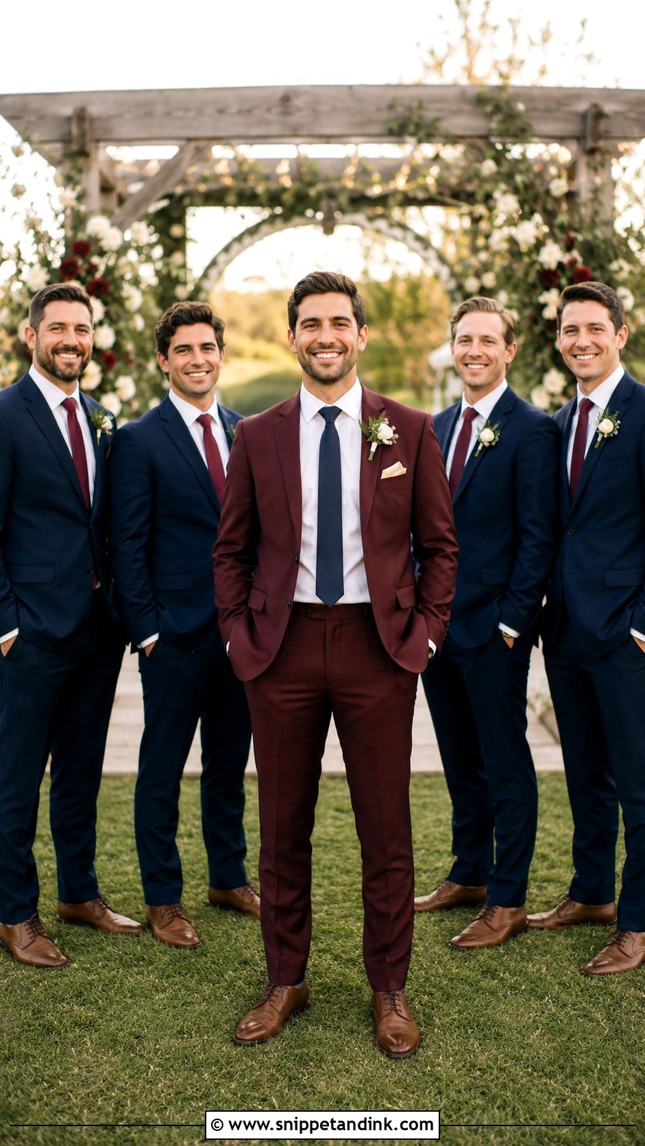 Burgundy Suit For Groom With Navy Groomsmen - Snippet and Ink - 25 Burgundy Suit Wedding Ideas