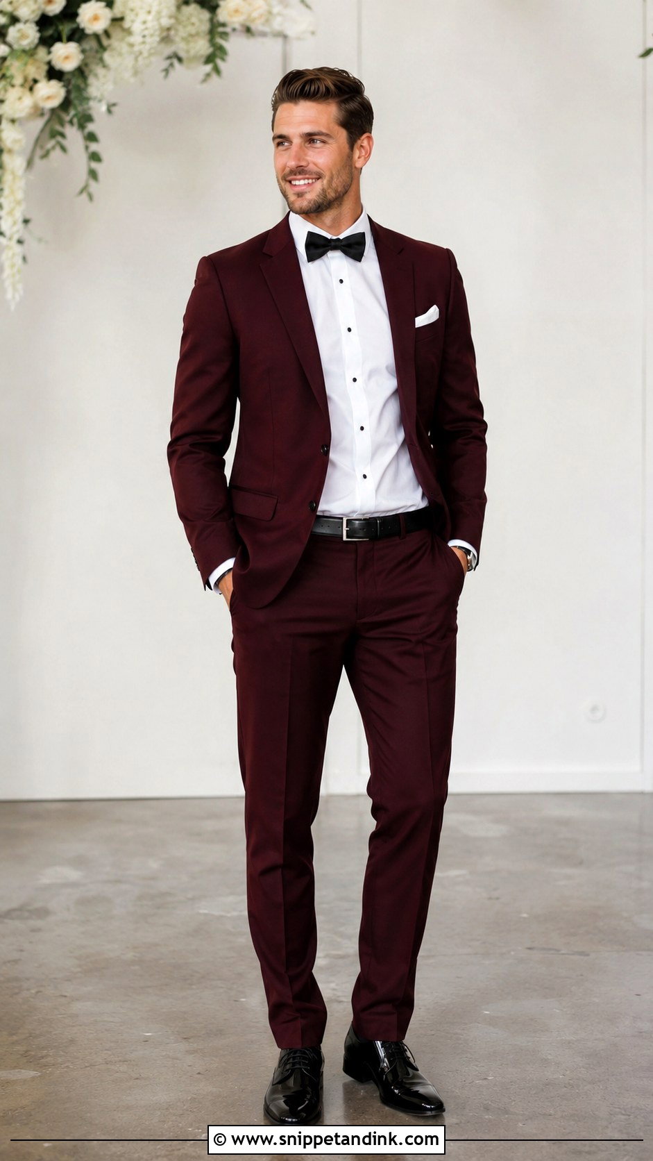 Burgundy Suit With Black Bow Tie - Snippet and Ink - 25 Burgundy Suit Wedding Ideas