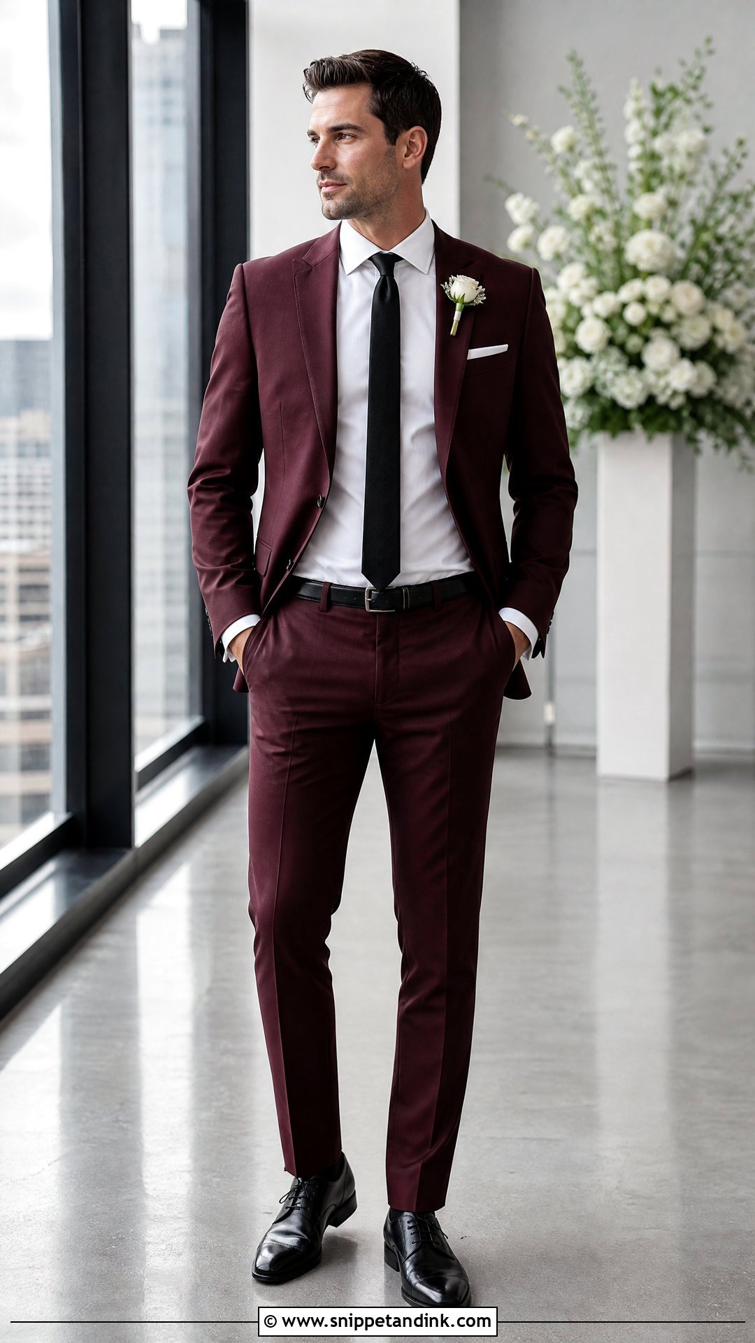 Burgundy Suit With Black Wedding Tie - Snippet and Ink - 20 Wedding Tie Ideas